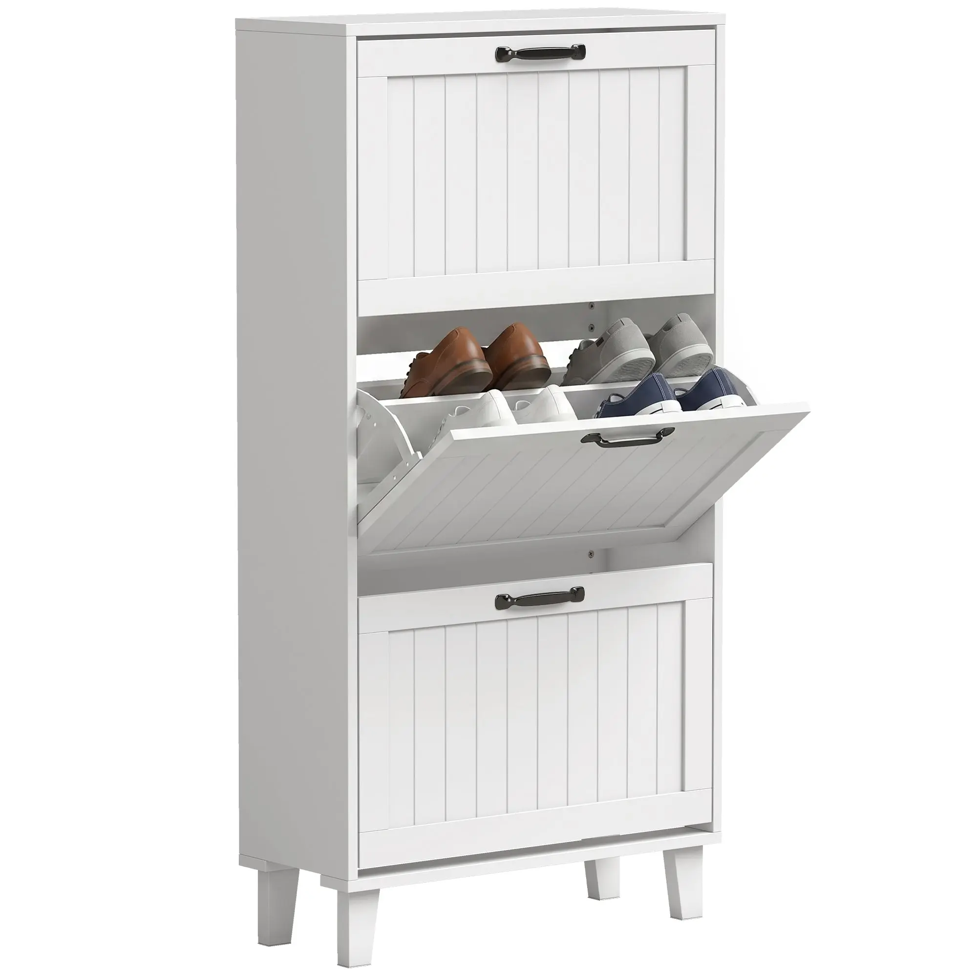 Slim Space-Saving Shoe Cabinet with 3 Tilt-Out Doors, Adjustable Shelves & Bamboo Legs — Holds 15–18 Pairs, 23.6 x 9.4 x 46.5 in, White