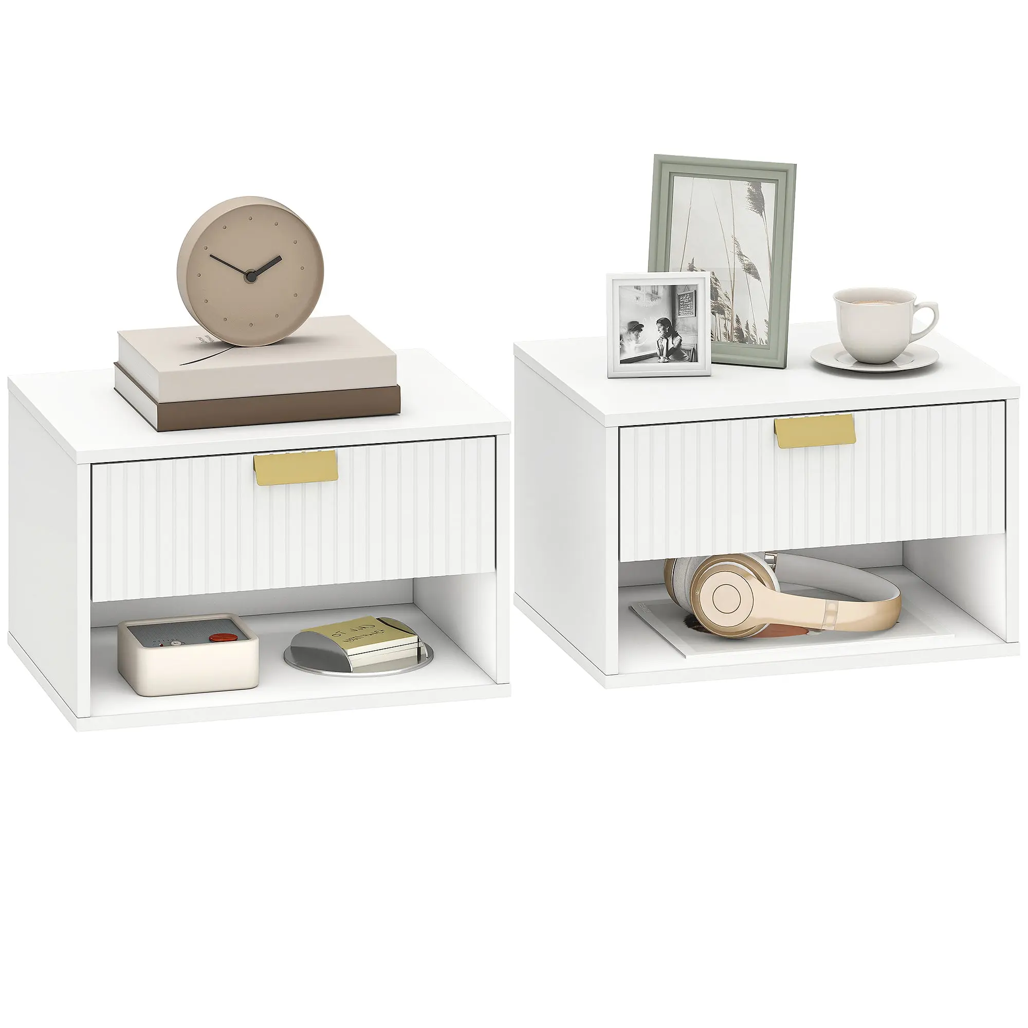Set of 2 Floating Nightstands, Nightstands with Drawer and Wavy Front, Open Shelf, Modern Design, 15.7 x 11.8 x 9.8 in (40 x 30 x 25 cm), White