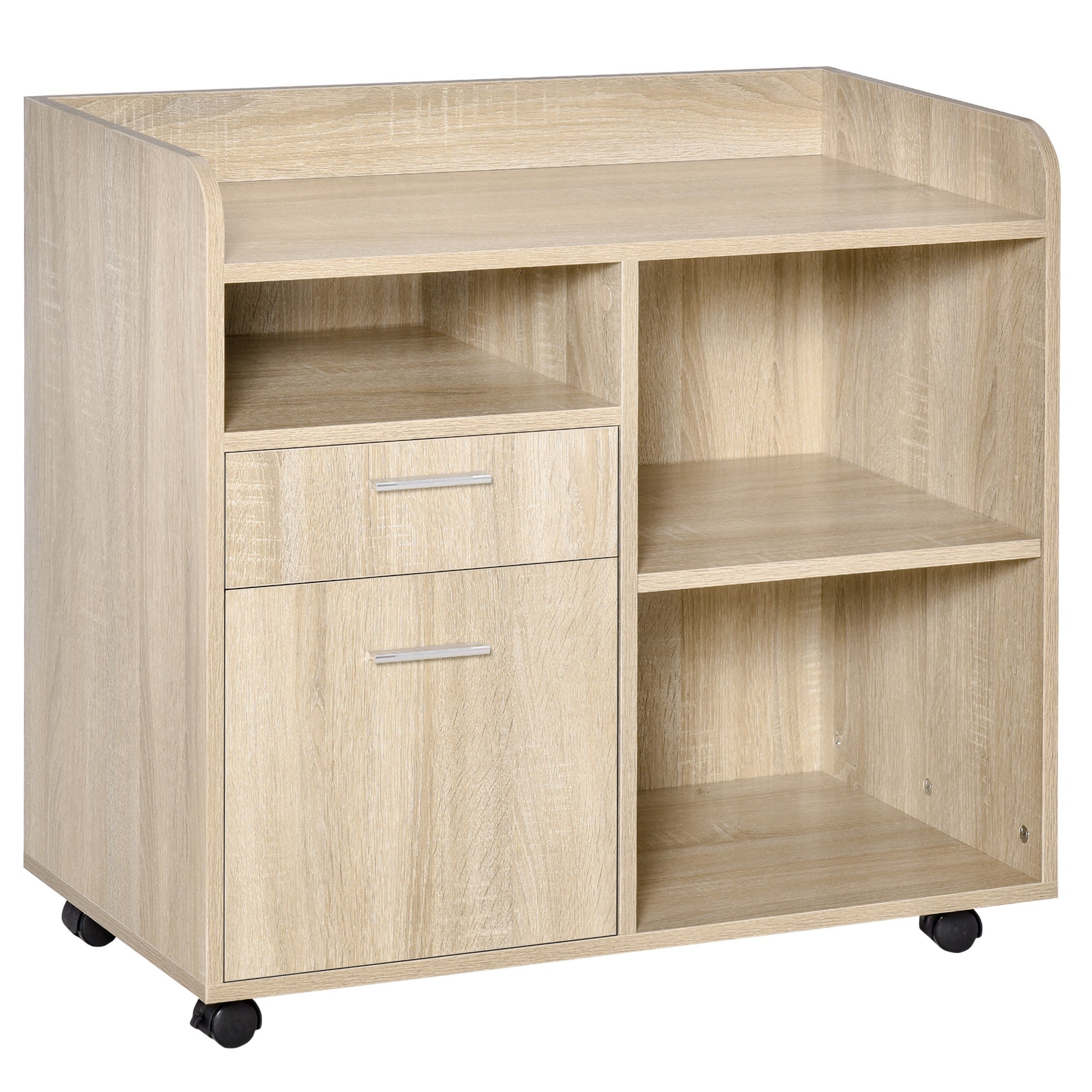 Vinsetto Kontor Printerstand Multifunktionel Kontorvogn med 3 Rum og 2 Skuffer til Dossierer Justerbar Hylde med 2 Bremser 80x40x72 cm Eg