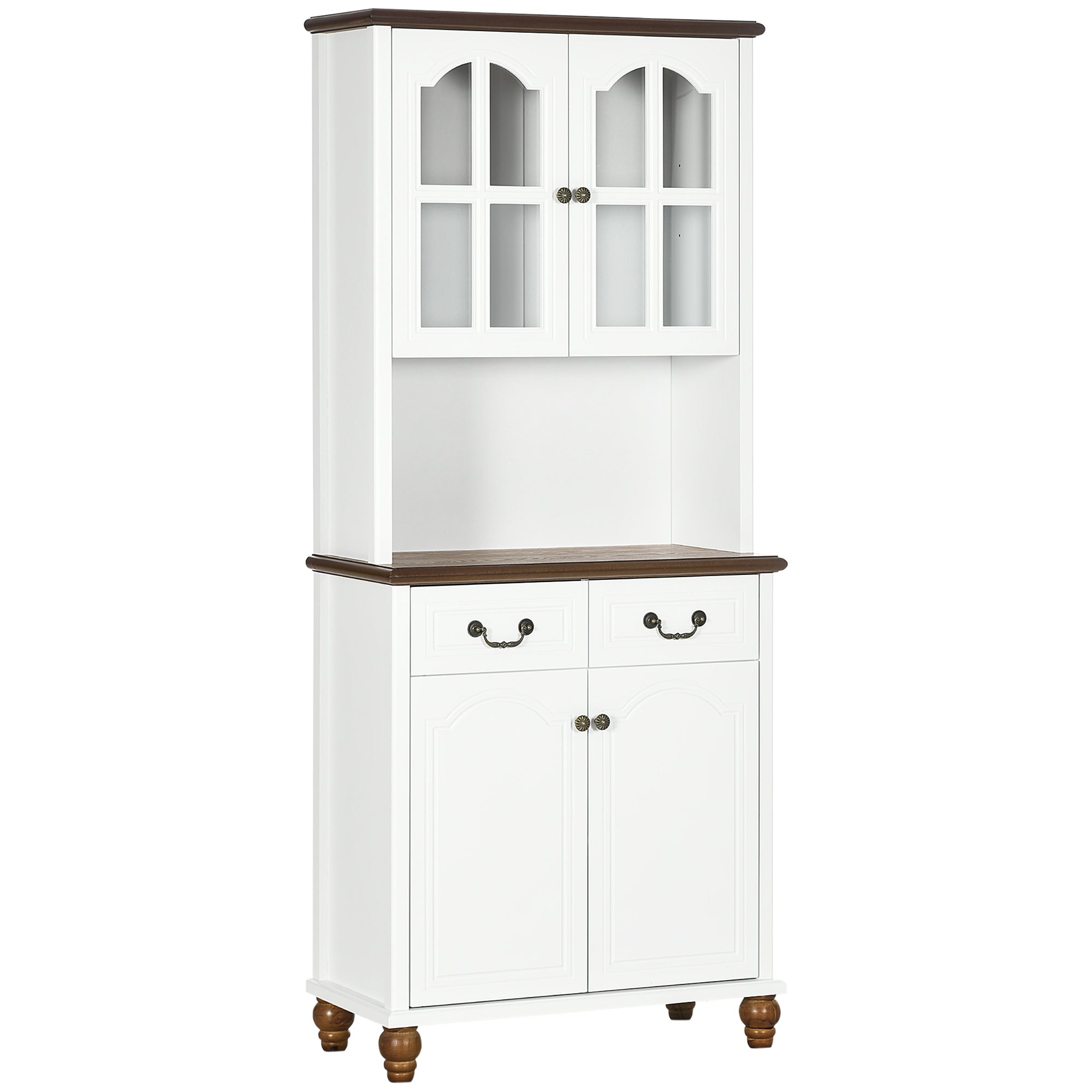 Tall Kitchen Cabinet Storage Cupboard with Worktop Freestanding Pantry Cabinet Buffet Sideboard with 4 Doors 2 Drawers Adjustable Shelves Glass Doors White 76 x 38 x 182 cm