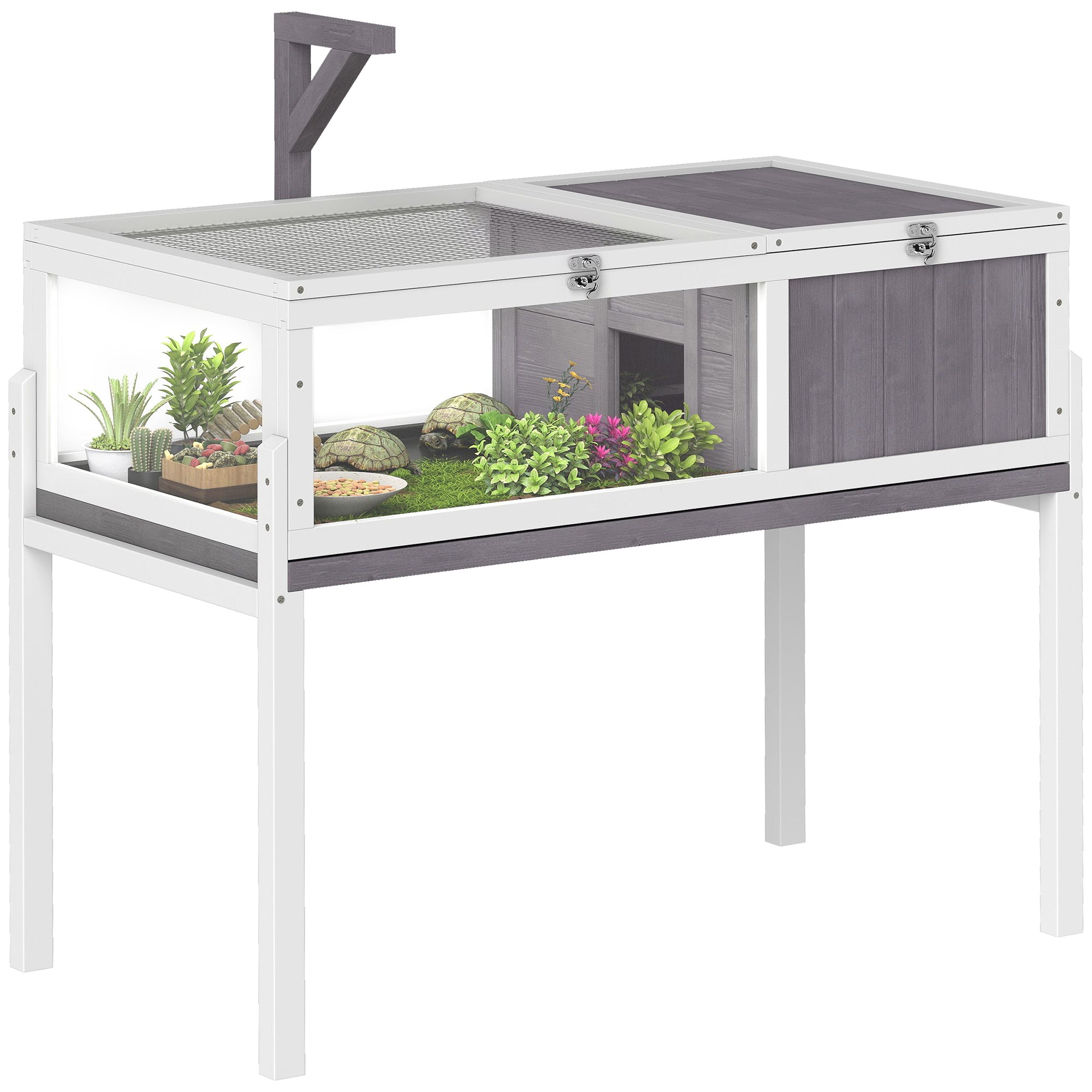 PawHut héichgestallt Holz-Schildkrötenhäuschen — 2-Zonen Indoor/Outdoor Gehege mat Luuchtshalter, opklappbarem Daach, schiebbare Schublad & Fudderbëtsch — 104 x 53 x 82 cm — Griis