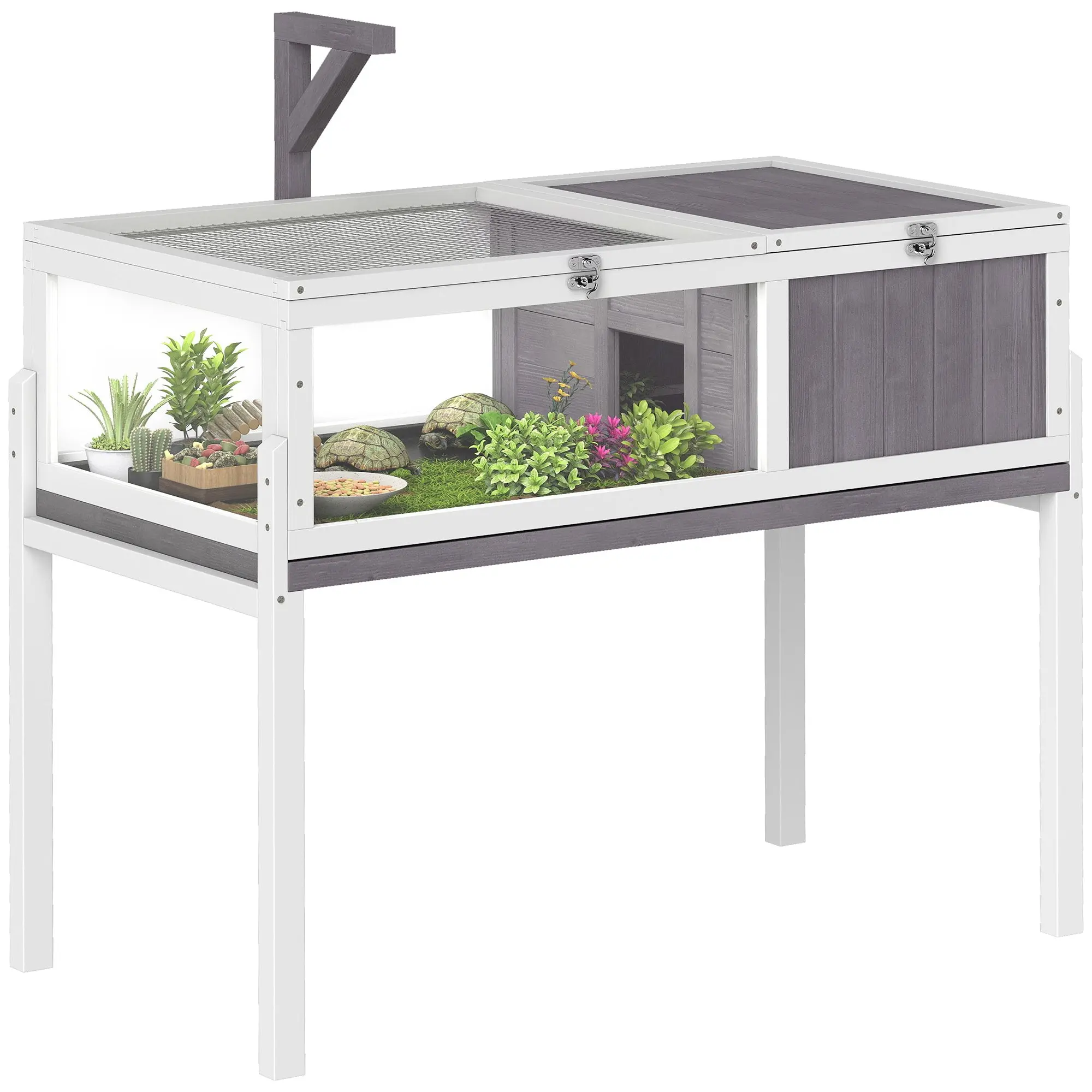 Elevated Wooden Turtle Hutch — Indoor/Outdoor 2-Zone Enclosure with Lamp Holder, Hinged Roof, Sliding Tray & Feeding Bowl — 104 x 53 x 82 cm (41 x 21 x 32 in) — Gray
