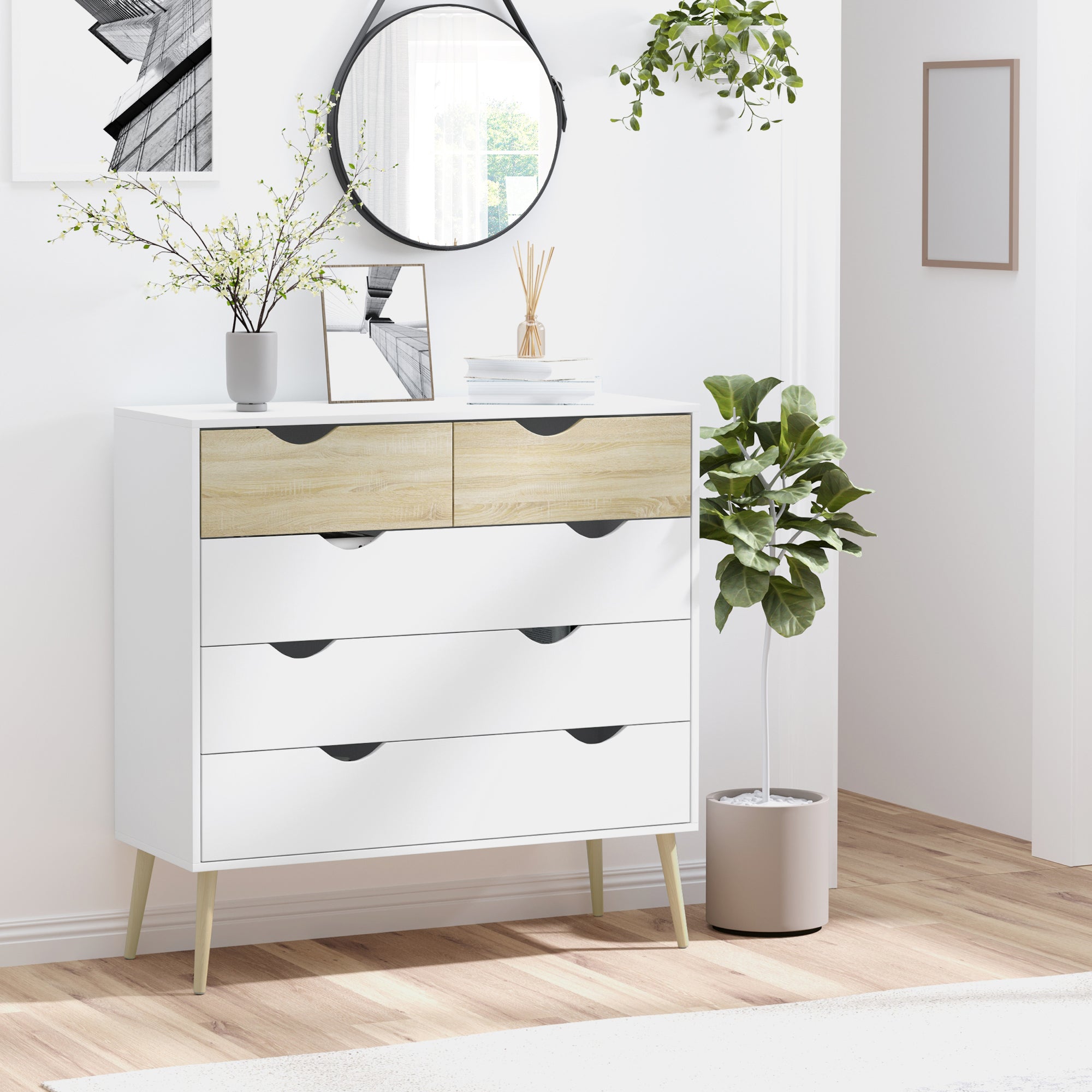 HOMCOM Skandináv Stílusú 5-Fiókos Komód Tárolóegység Fapanelből 99 x 39 x 101 cm Fehér Világos Tölgy