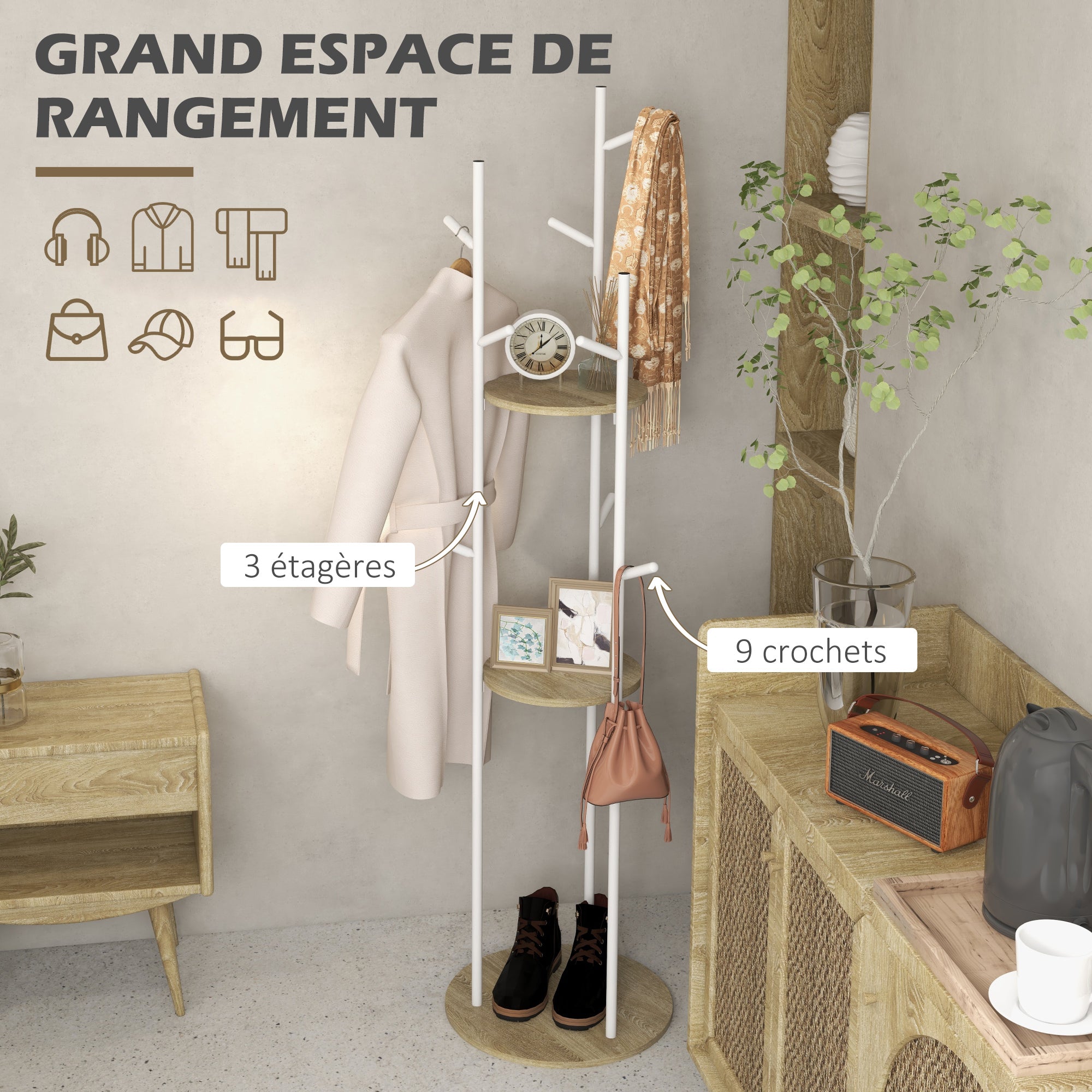 Freestanding coat rack entryway furniture in steel with 9 hooks and 2 round shelves - ? 40 x 167 cm natural and white