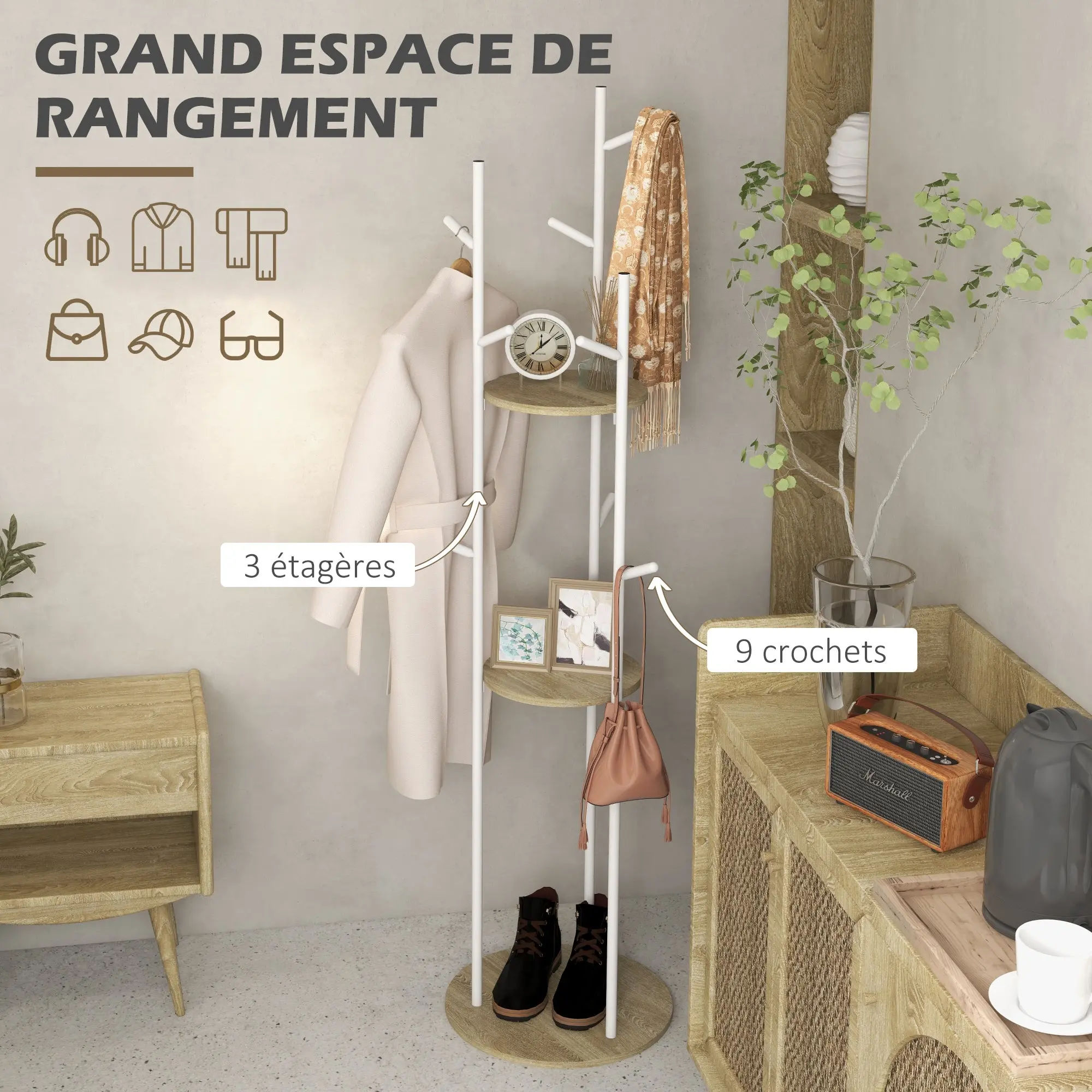Freestanding coat rack entryway furniture in steel with 9 hooks and 2 round shelves - ? 40 x 167 cm natural and white
