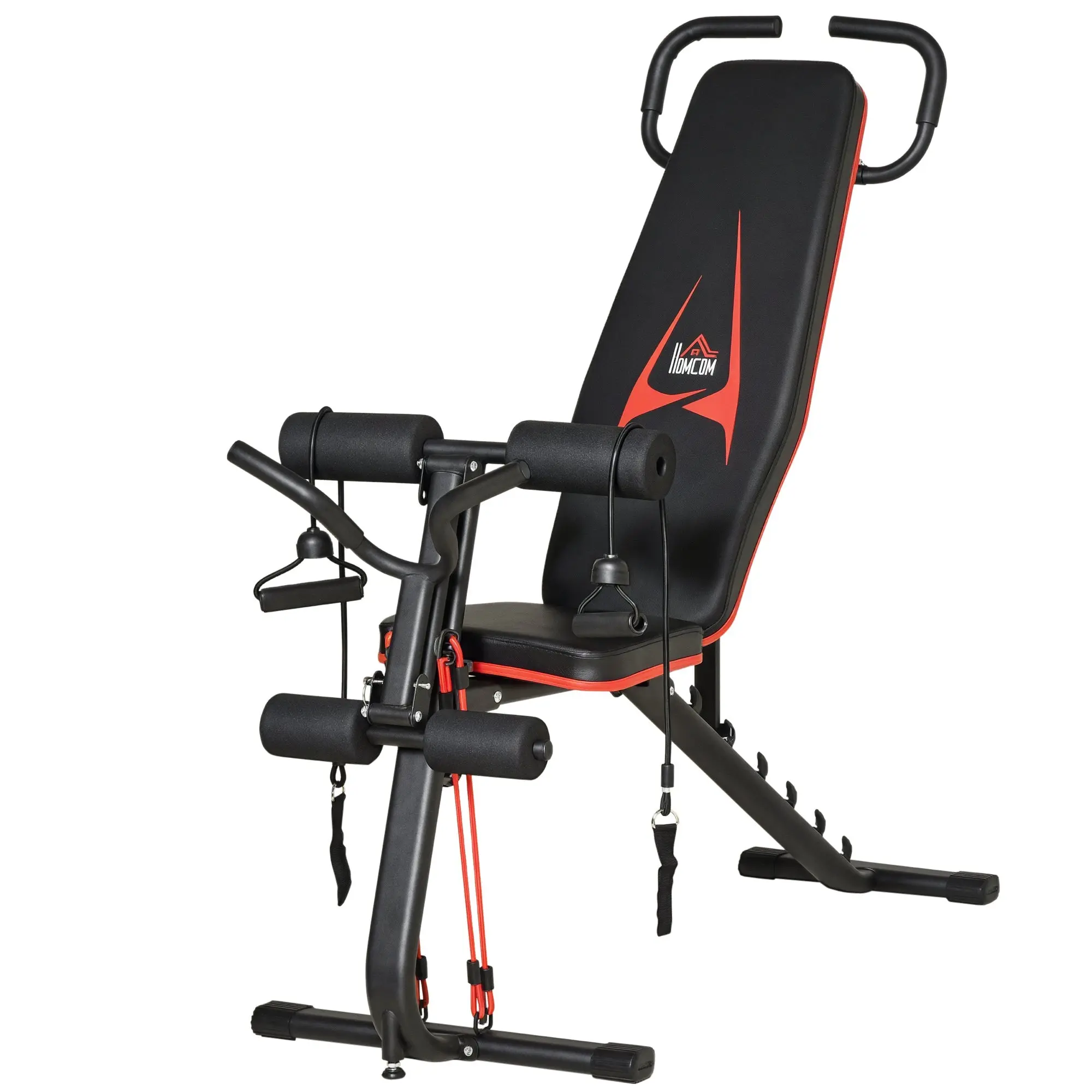 Weight Bench Adjustable Training Bench with Elastic Ropes Sit Up Bench for Home Workout 6 Levels Backrest Decline Weight up to 150 kg Steel Faux Leather Black+Red 145 x 49 x 48-127 cm