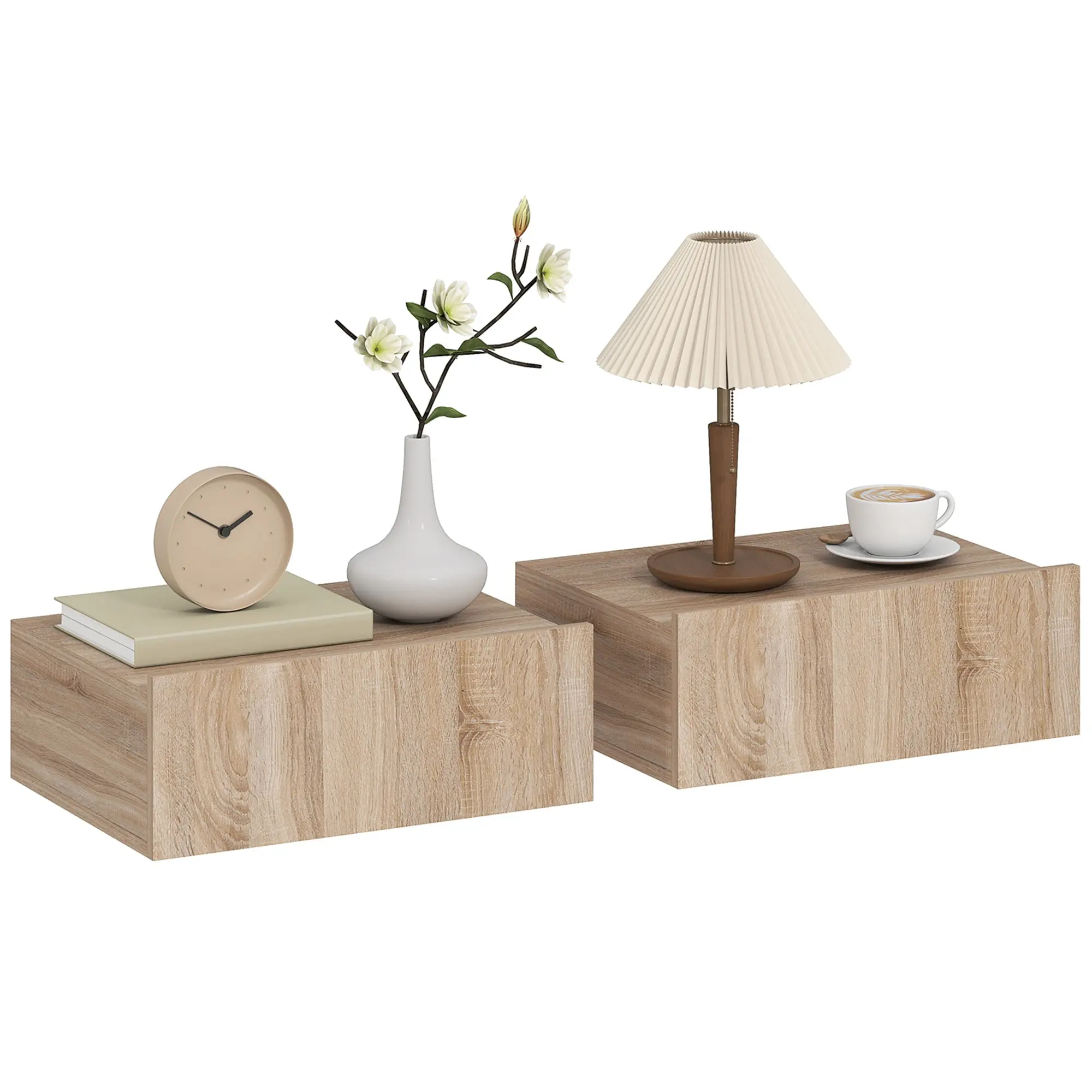 Set of 2 Wall-Mounted Floating Nightstands with Sliding Drawer, Modern Bedroom, 40 x 30 x 15 cm (15.7 x 11.8 x 5.9 in), Oak