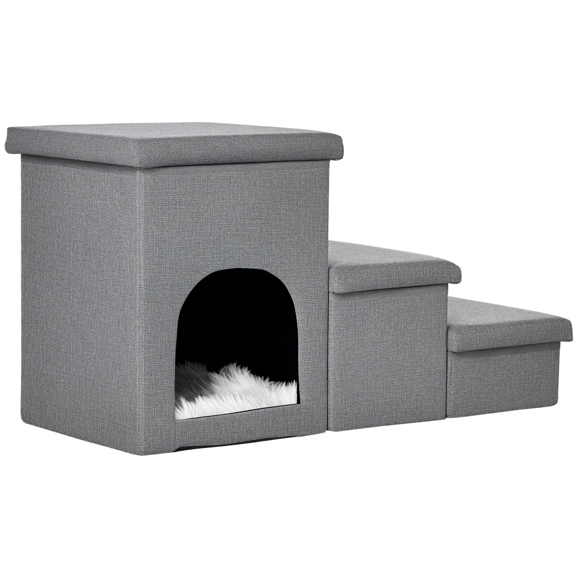 PawHut Suņu Kāpnes 3 Pakāpieni 40.5cm Augstas Mājdzīvnieku Kāpnes ar Alveida Spilvenu Uzglabāšanas Vietu Kaķu Kāpnes Mazajiem Suņiem Suņu Rampas ar Nomājamu Pārklāju Ieejai Gultā, Dīvānā un Automašīnā