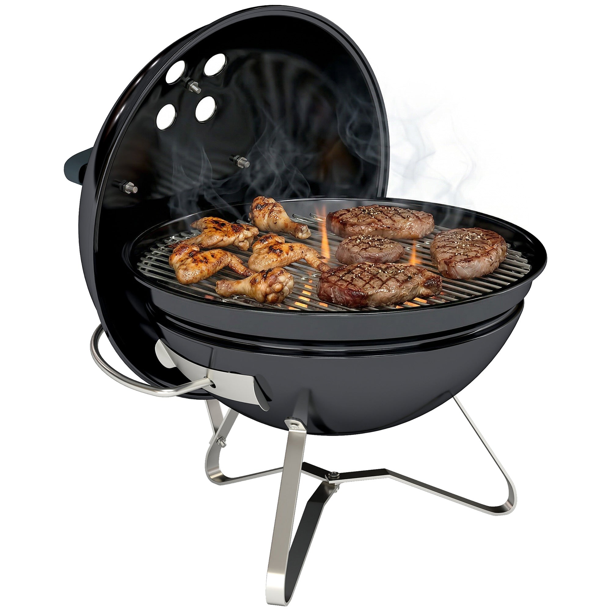Outsunny Tragbarer Holzkohlegrill, runder Grill mit Deckelhalter, Grillrost, verstellbare Lüftungen, für Balkon, Picknick, Camping, Ø41 x 44 cm, Schwarz