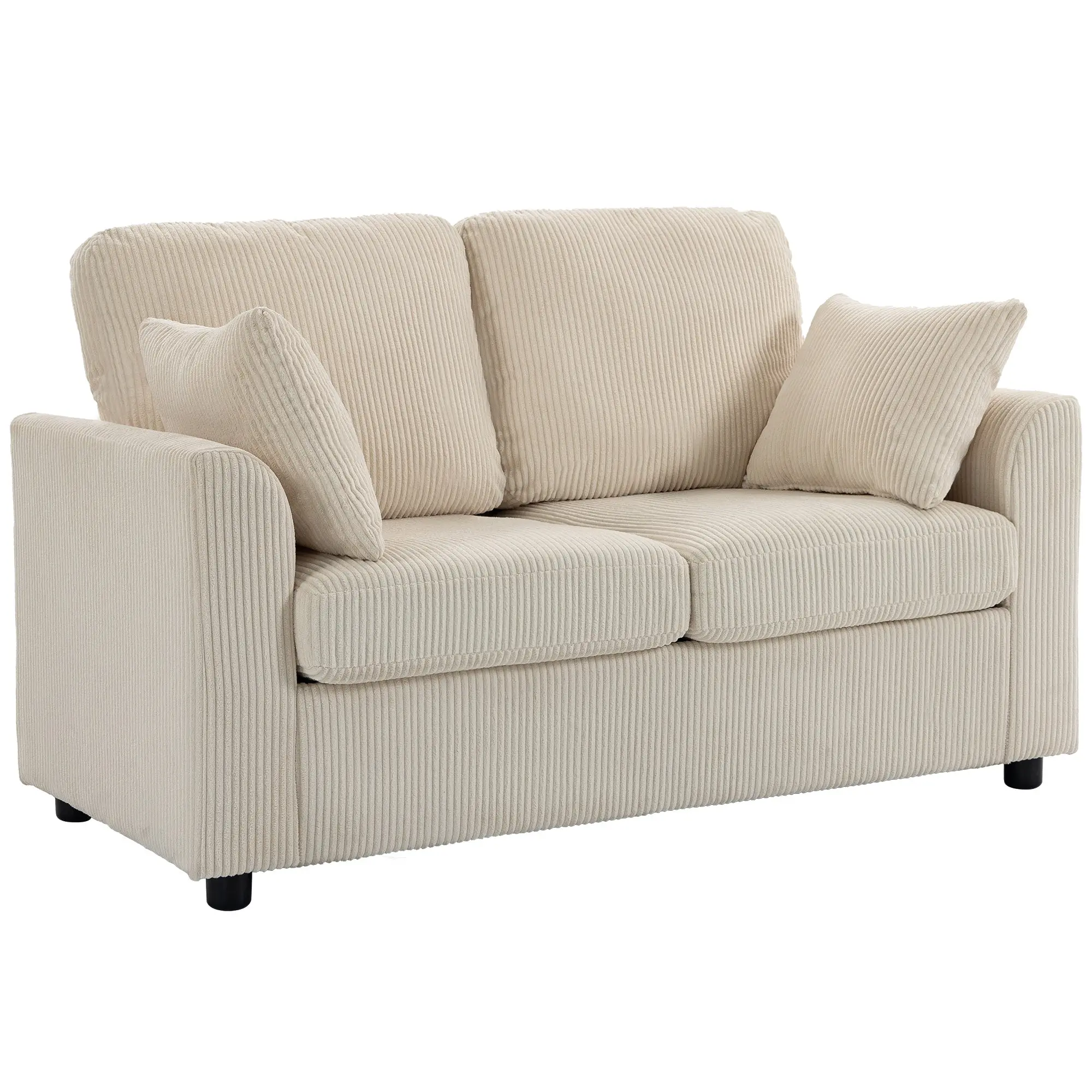 2-Seater Corduroy Velvet Sofa, 57" Compact Living Room Couch with Thick Spring-Filled Seat Cushion, 2 Throw Pillows, Modern, Beige
