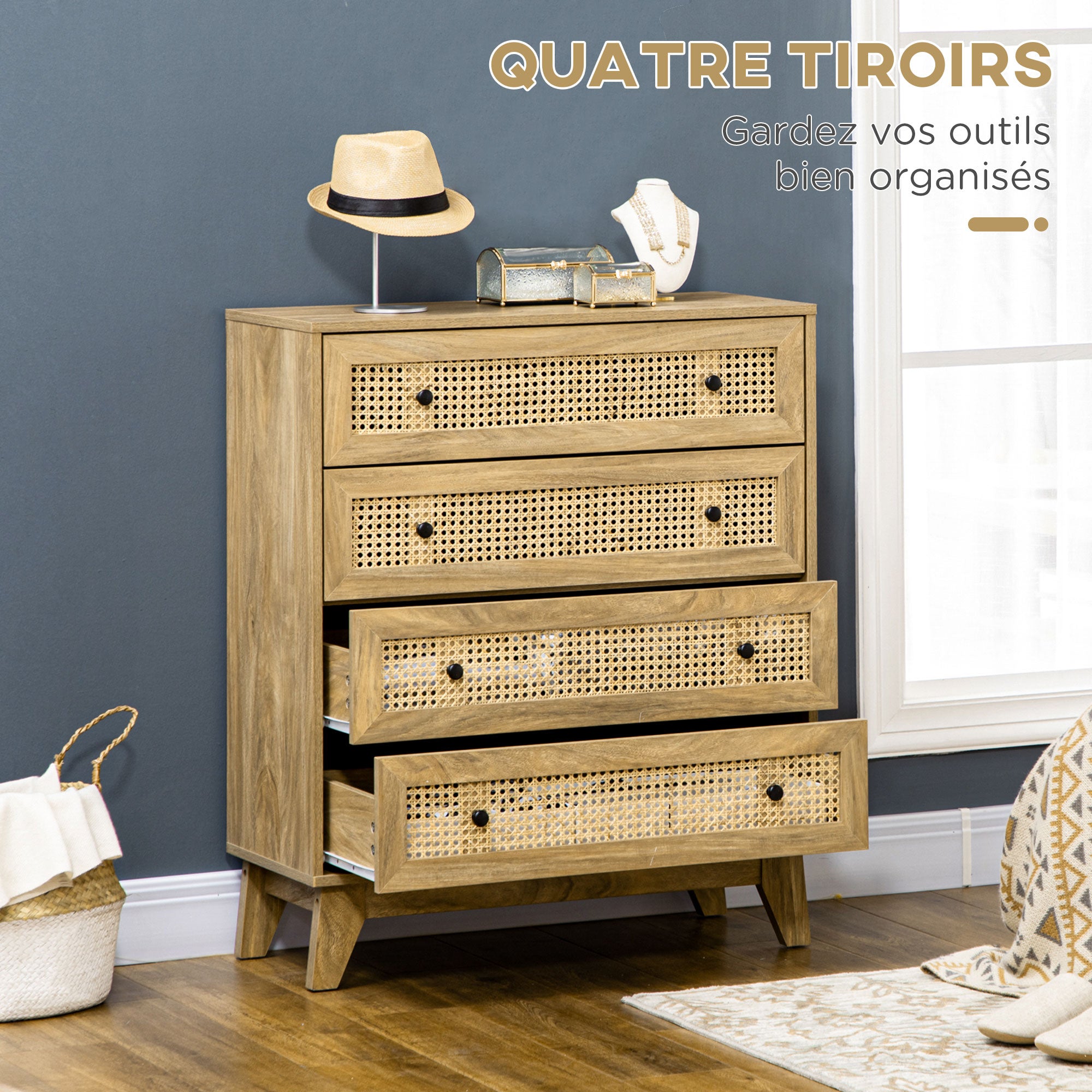 HOMCOM 4-fiókos Tárolószekrény Rattan Fonott Előlappal 80 x 35 x 95 cm Világos Fa Felülettel
