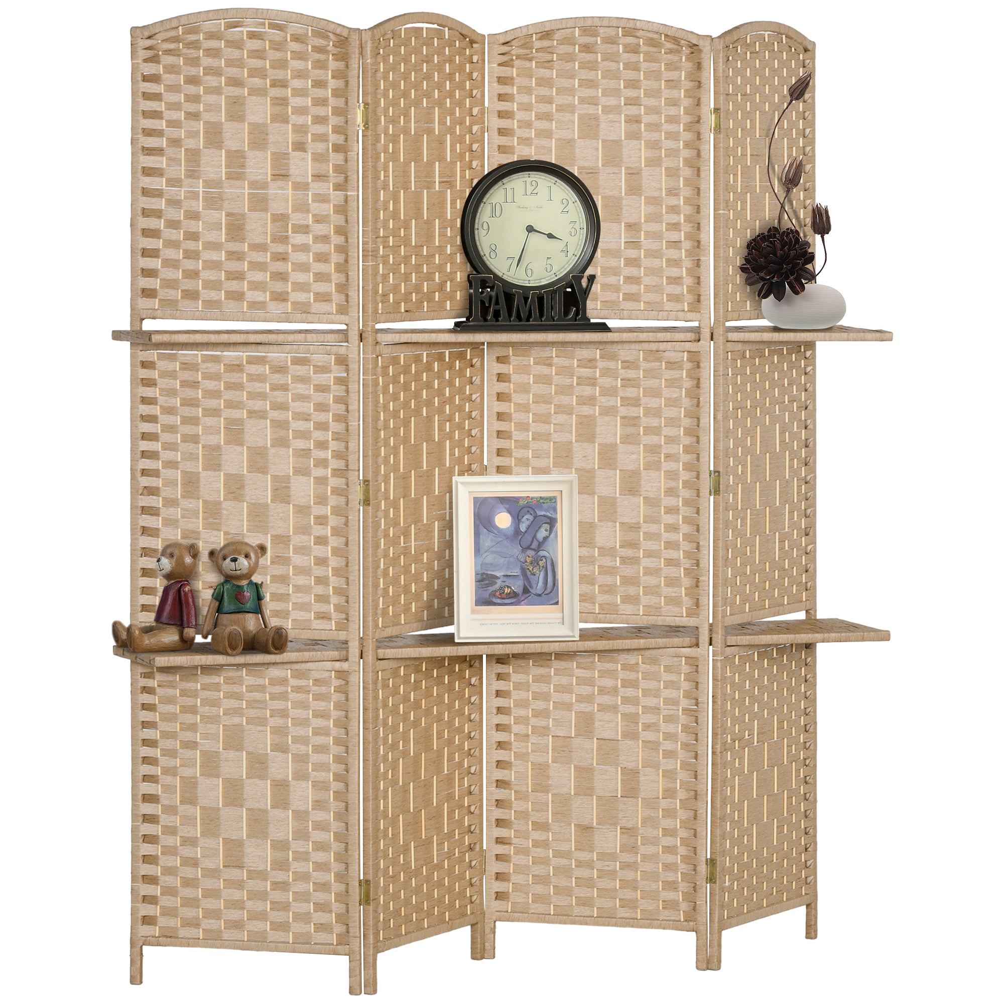 HOMCOM 4-Panel Kamerscherm 160x170 cm met 2 Dragers Privacy Screen Vouwpartitie voor Kantoor Slaapkamer Natuurlijk