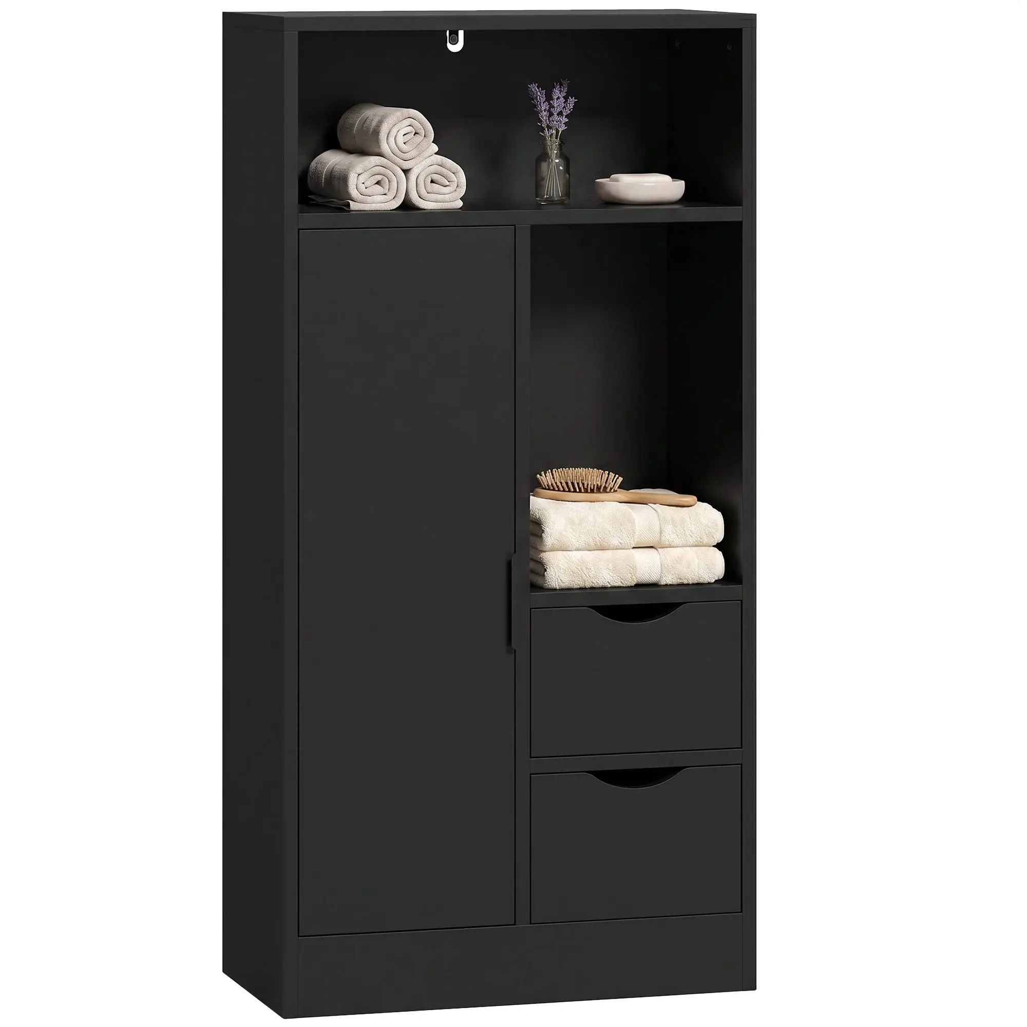 Bathroom Cabinet, Narrow Storage Unit with 2 Drawers, 1 Door, 2 Open Compartments and Adjustable Shelf, 50 x 25 x 100 cm, Black