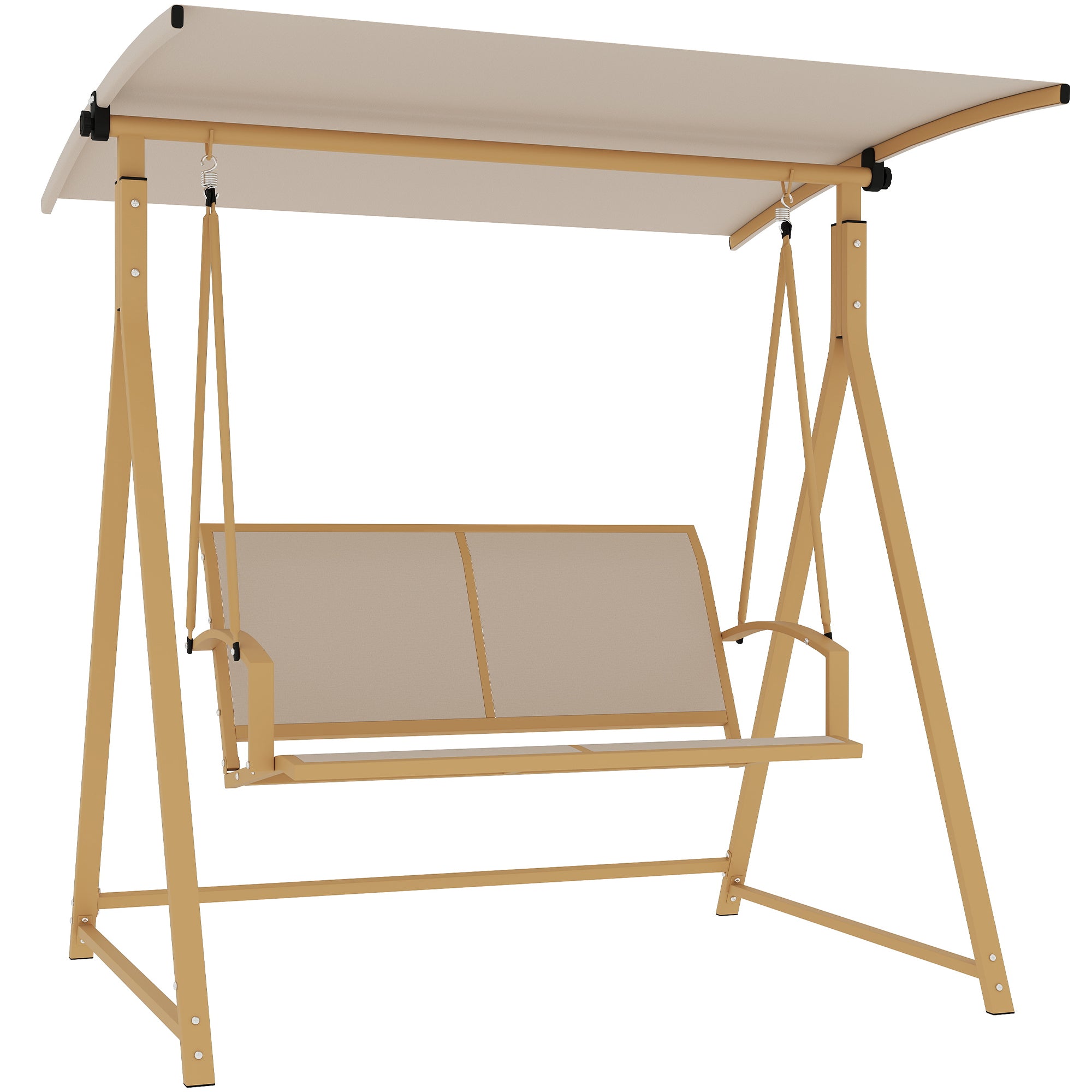 Outsunny 2-personers udendørs havegyng med justerbar solskærm, UV-beskyttelse 30+, trekantet metalramme, vægtkapacitet 220 kg, 160x112x162 cm Khaki