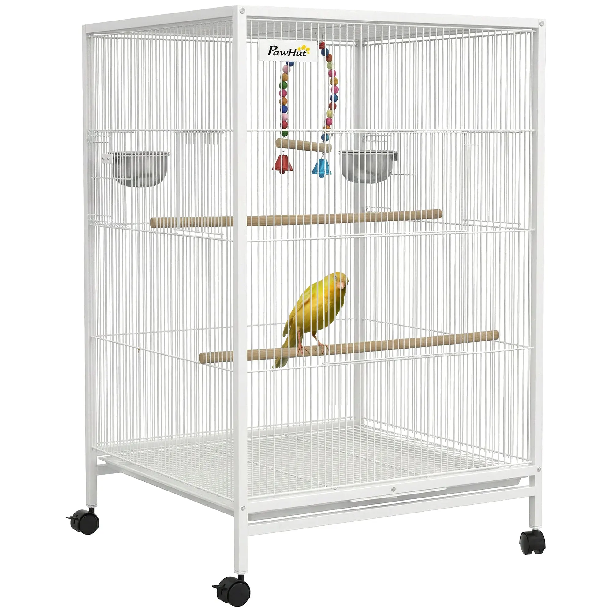 Large Steel Bird Cage with Wheels, Perches, Swing, Removable Tray & Stainless Bowls, for Parrots/Canaries/Budgies, 19 x 18 x 31 in (White)