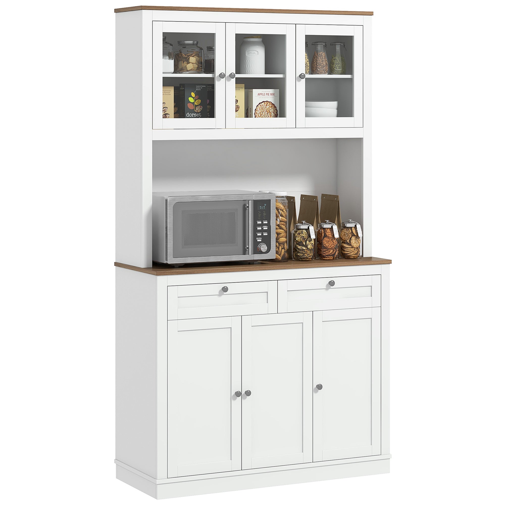 Kitchen Pantry Auxiliary Kitchen Cabinet with Glass Doors, 2 Drawers & Adjustable Shelves, Modern Buffet Cabinet, 100x40x180 cm, White