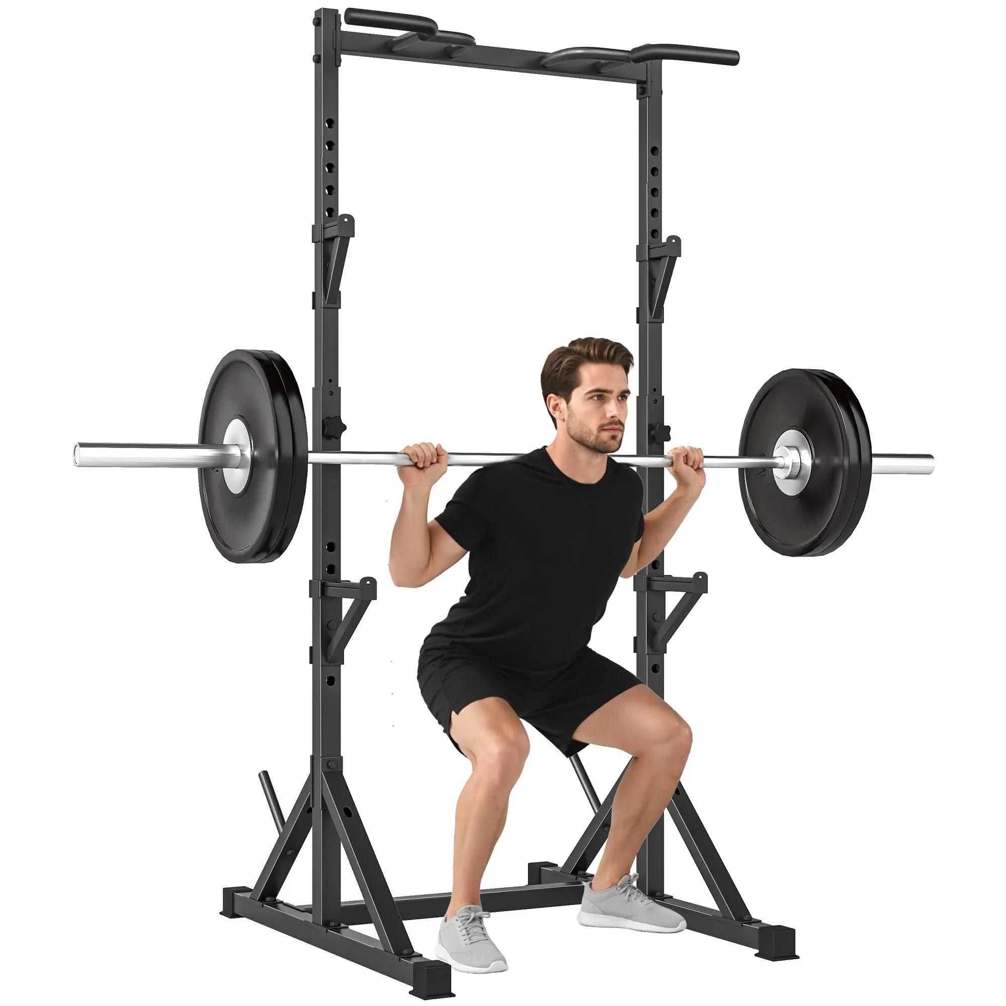 SPORTNOW Adjustable Squat Rack with Dual Barbell Supports, Plate Holders & Pull-Up Bar — Multifunction Power Rack for Home & Gym — Max 441 lb (200 kg), Black