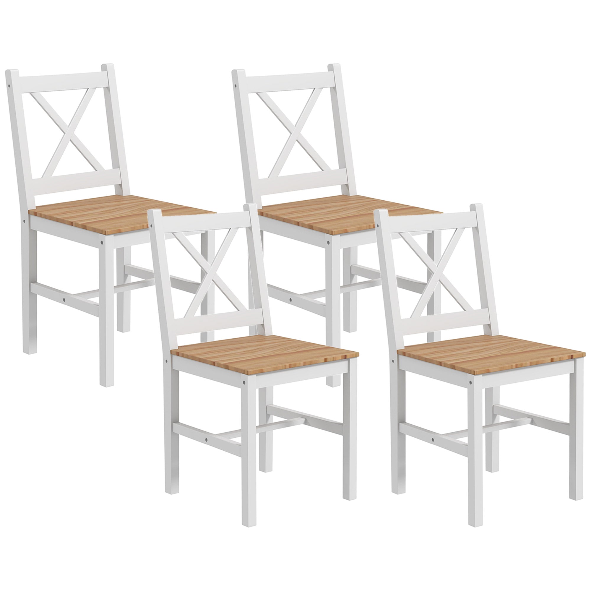 HOMCOM Set aus 4 Esszimmerstühlen, Küchenstühlen, Landhausstil, hohe Rückenlehne, Kiefernholzrahmen, für Wohnzimmer, Schlafzimmer, Küche, Naturholz und Weiß