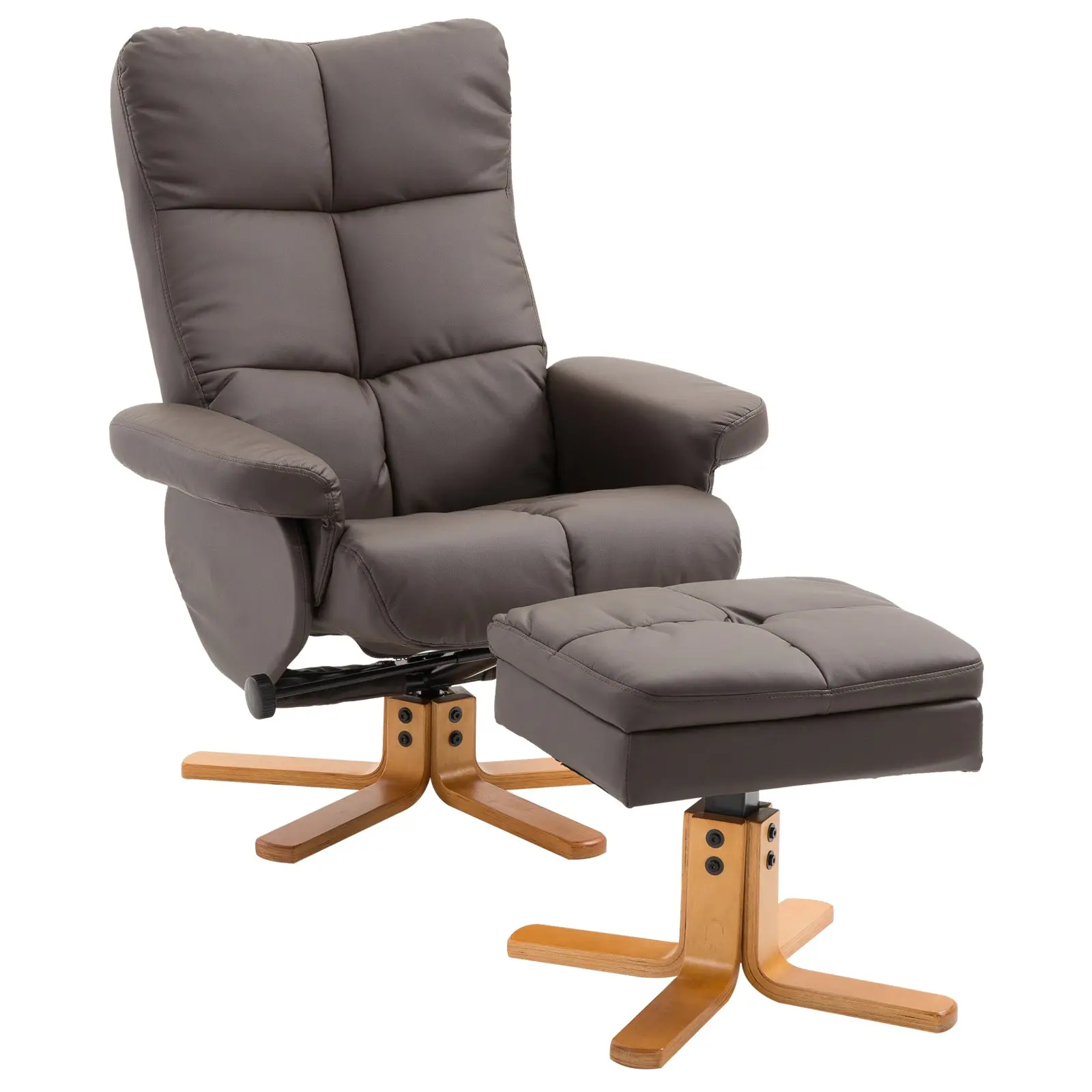 Recliner with Footstool, Storage, Padded TV Chair with Reclining Function, 360° Rotatable TV Chair for Bedroom, Living Room, Faux Leather, Brown