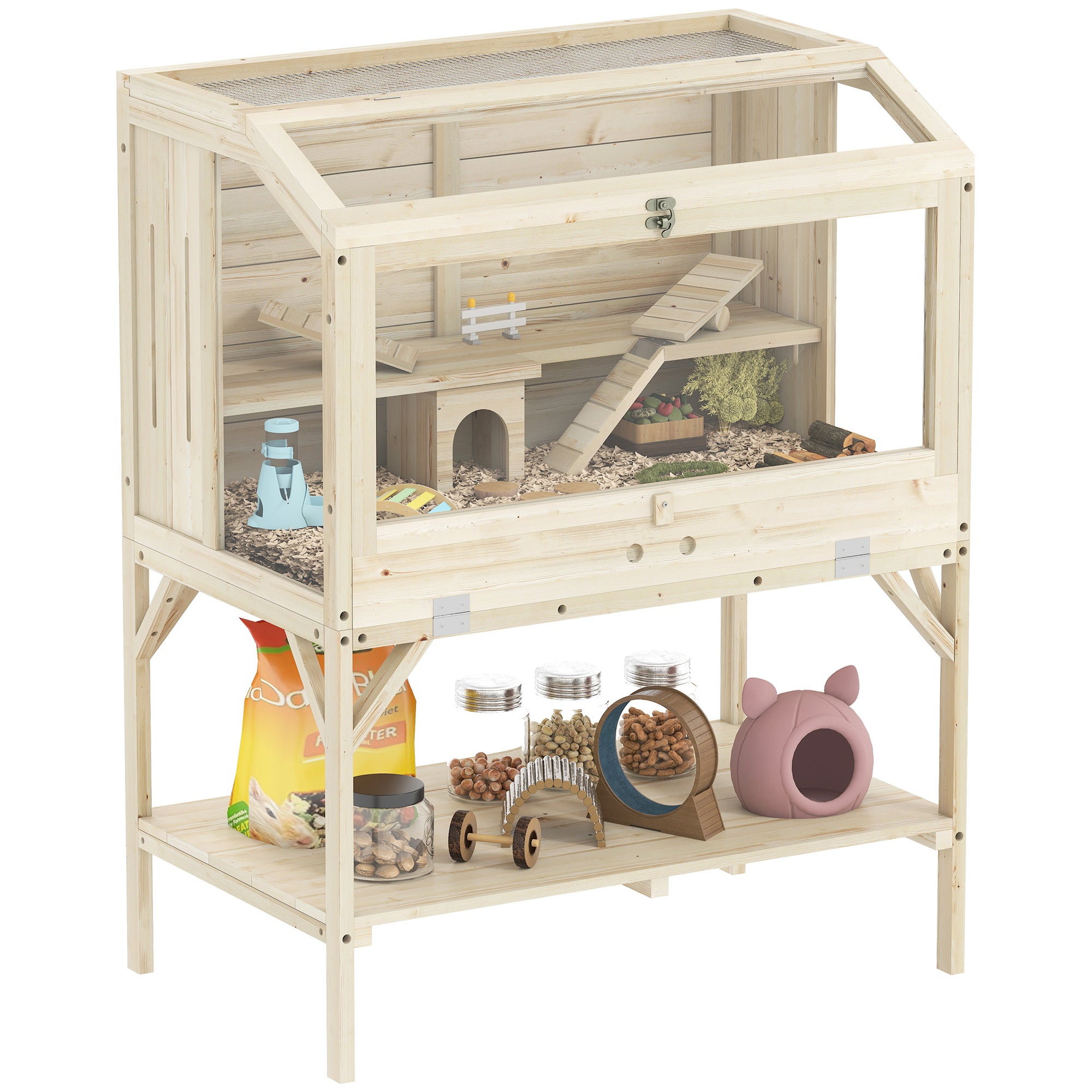 PawHut 2-stöckiger Holz-Hamsterkäfig mit Stauraum, oben öffnendem Deckel, Auffangschale, Wippen, Rampe, nagersicheren Sichtscheiben, Laufrad & Versteck — 84 × 53 × 110 cm, Natur