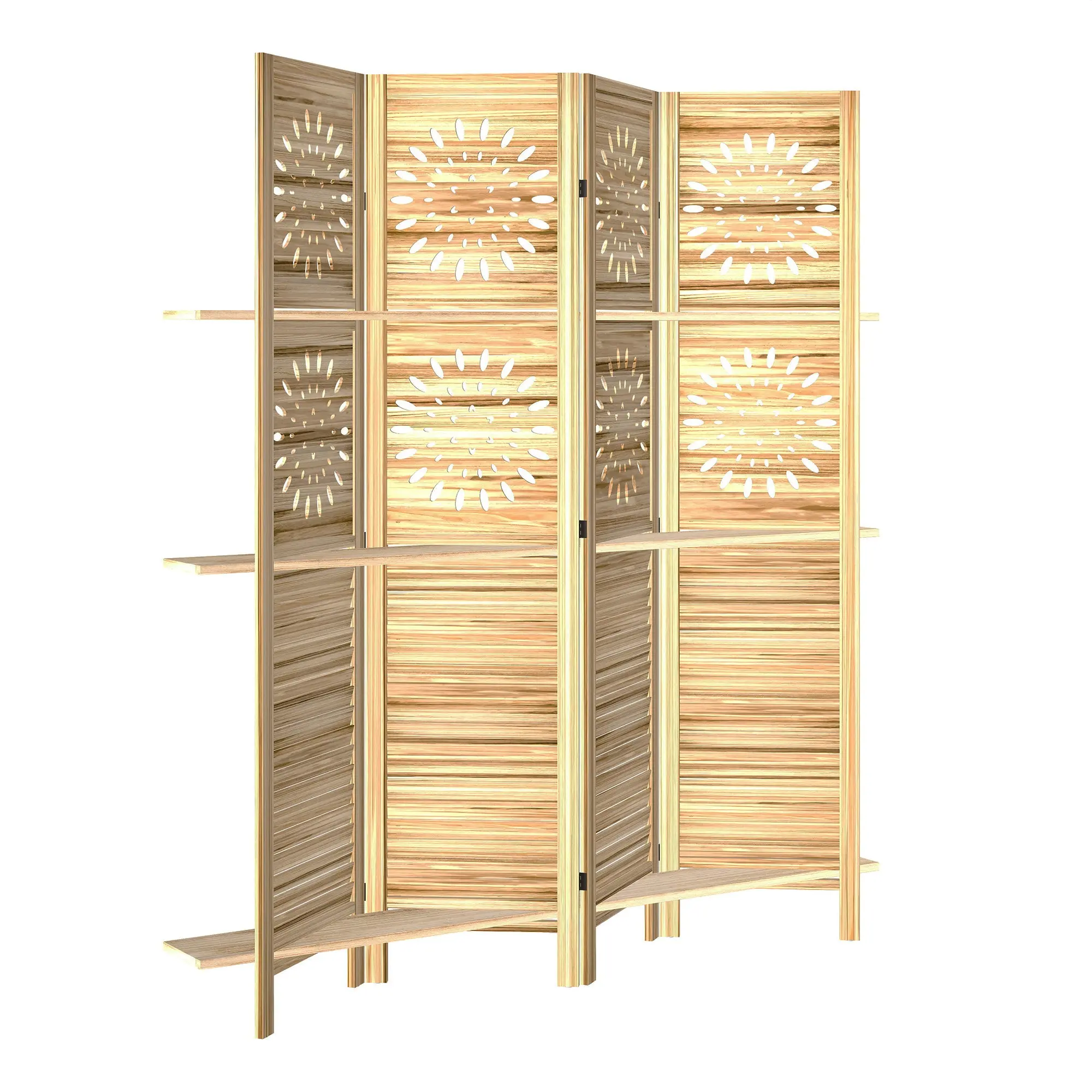 4-Panel Indoor Room Divider with 3 Shelves, 63 x 67 in, Foldable Paulownia Wood Partition for Living Room & Bedroom, Natural Wood