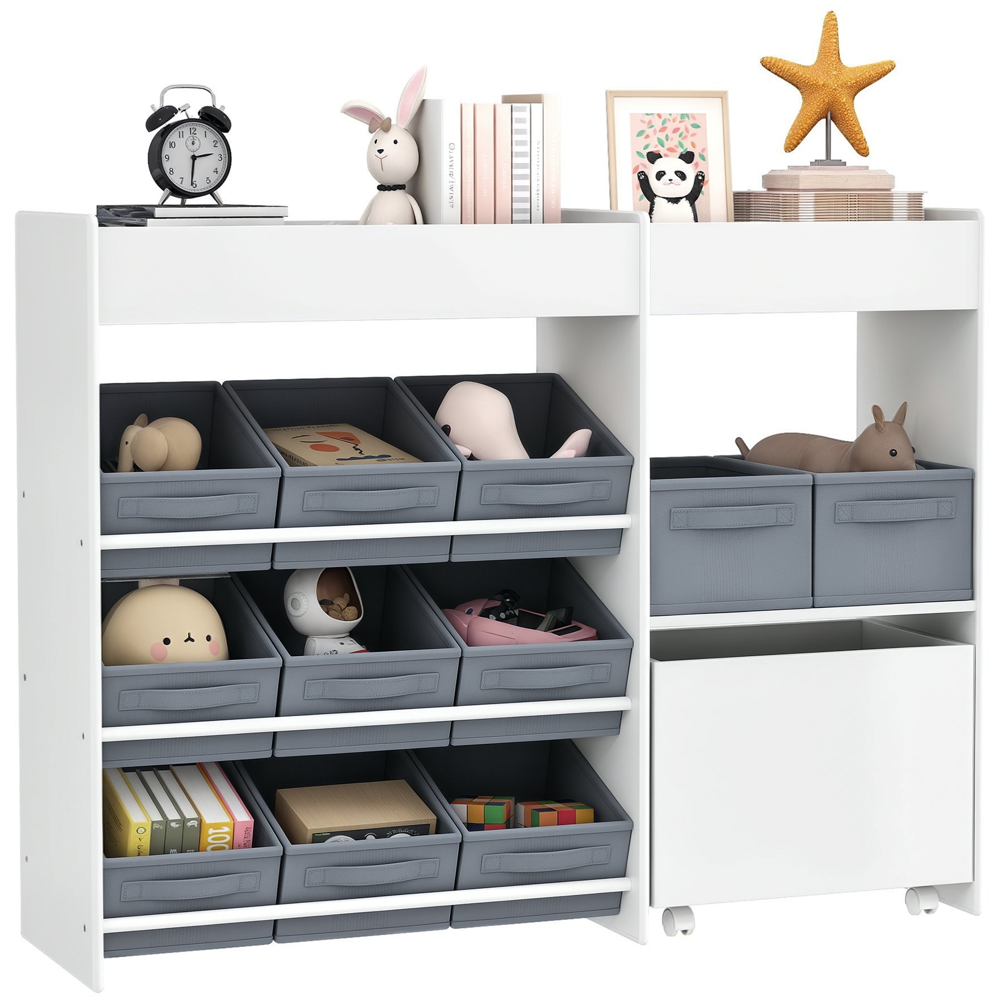 Children's Shelf Toy Shelf with 11 Fabric Boxes, Upper Compartments, 3 Stickers, Children's Bookshelf with Cupboard for Children's Room, Kindergarten, 105 x 30 x 80 cm, White