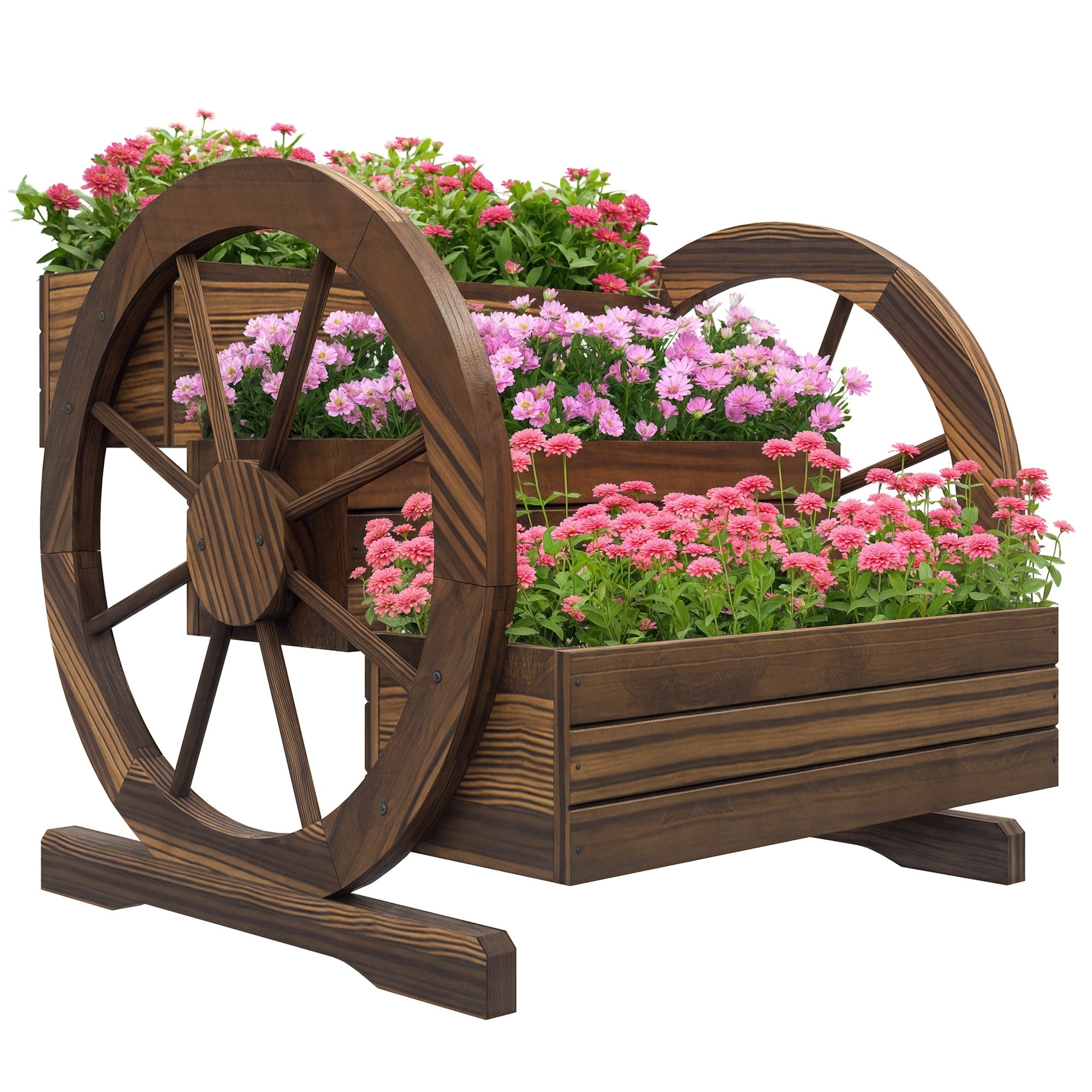 Bac surélevé 3 niveaux Outsunny en bois avec roues décoratives — Sapin brûlé, 62 x 61 x 57 cm