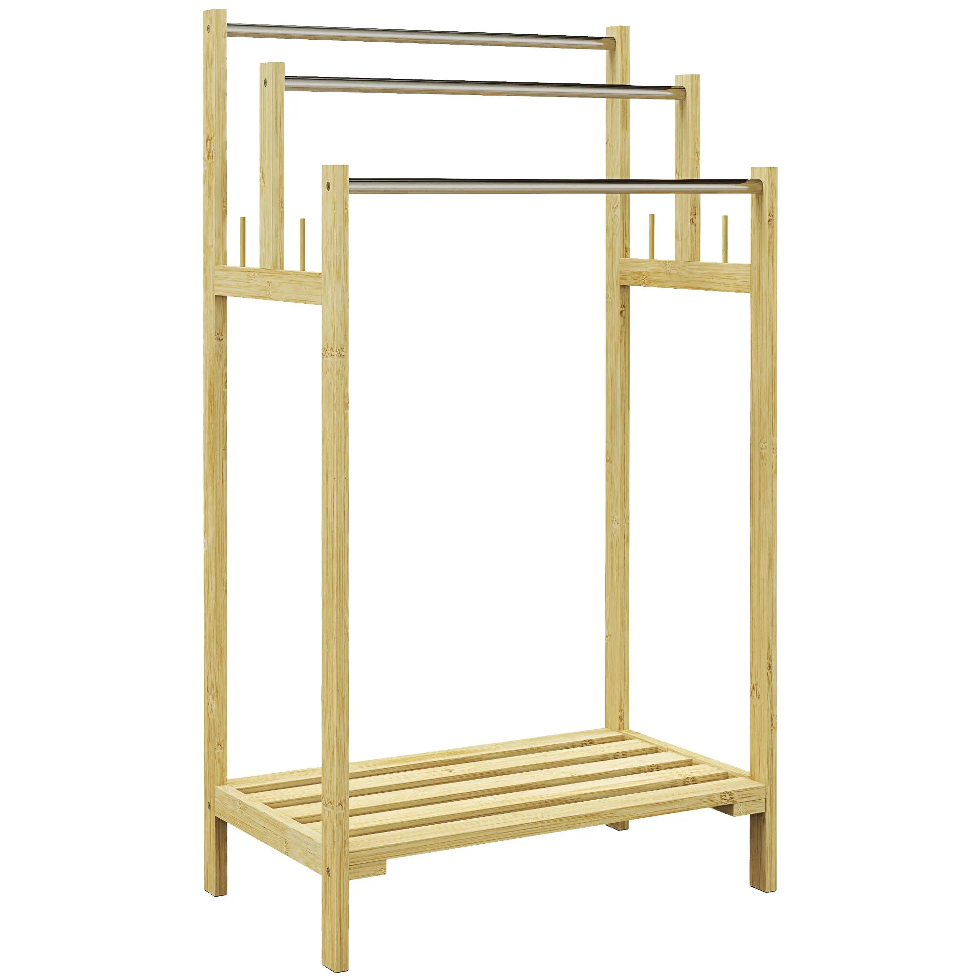Freestanding Towel Holder with 4 Hooks, 3 Towel Bars, Bath Towel Rack for Bathroom, Bamboo, Natural