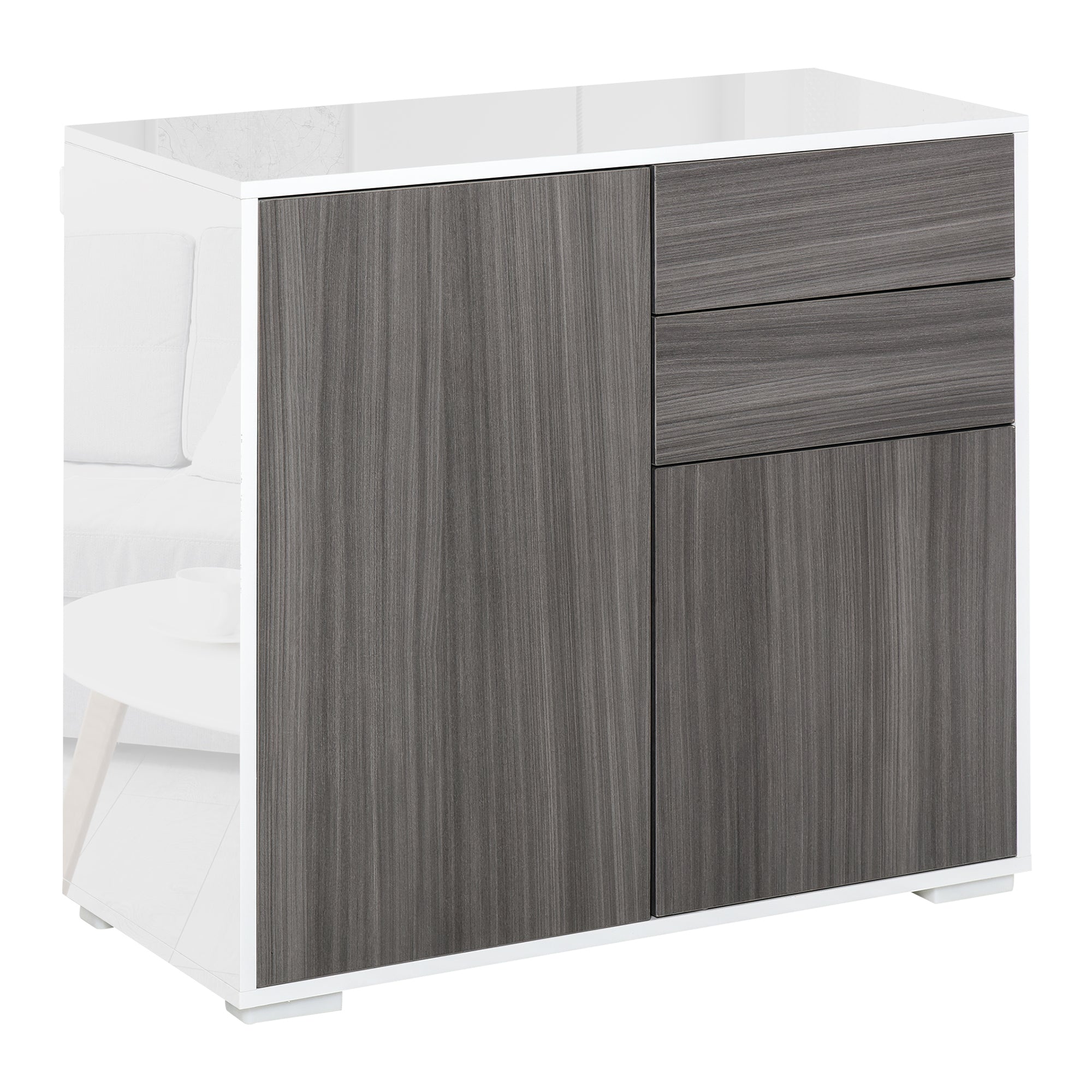 Kitchen Sideboard with 2 Doors 2 Drawers Glossy White Frame Adjustable Shelf Push-Open Storage Cabinet for Bedroom Living Room 31x14x29" Gray