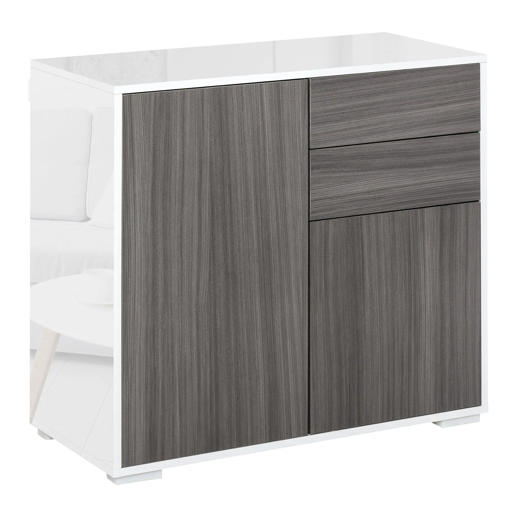 Kitchen Sideboard with 2 Doors 2 Drawers Glossy White Frame Adjustable Shelf Push-Open Storage Cabinet for Bedroom Living Room 31x14x29" Gray