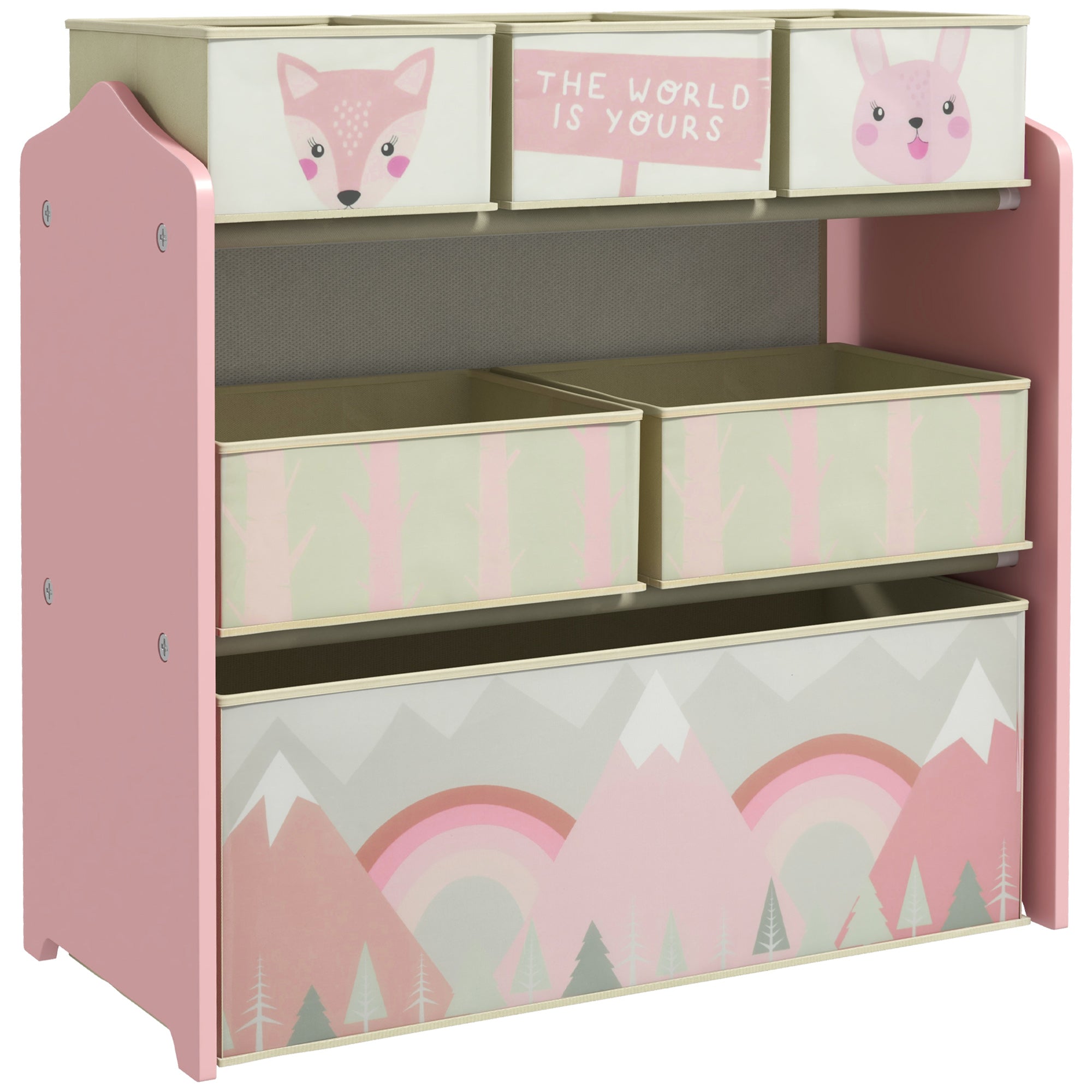 ZONEKIZ Barnbokhylla — Leksaksförvaring med 6 avtagbara non-woven-korgar, rosa, 63 x 30 x 66 cm