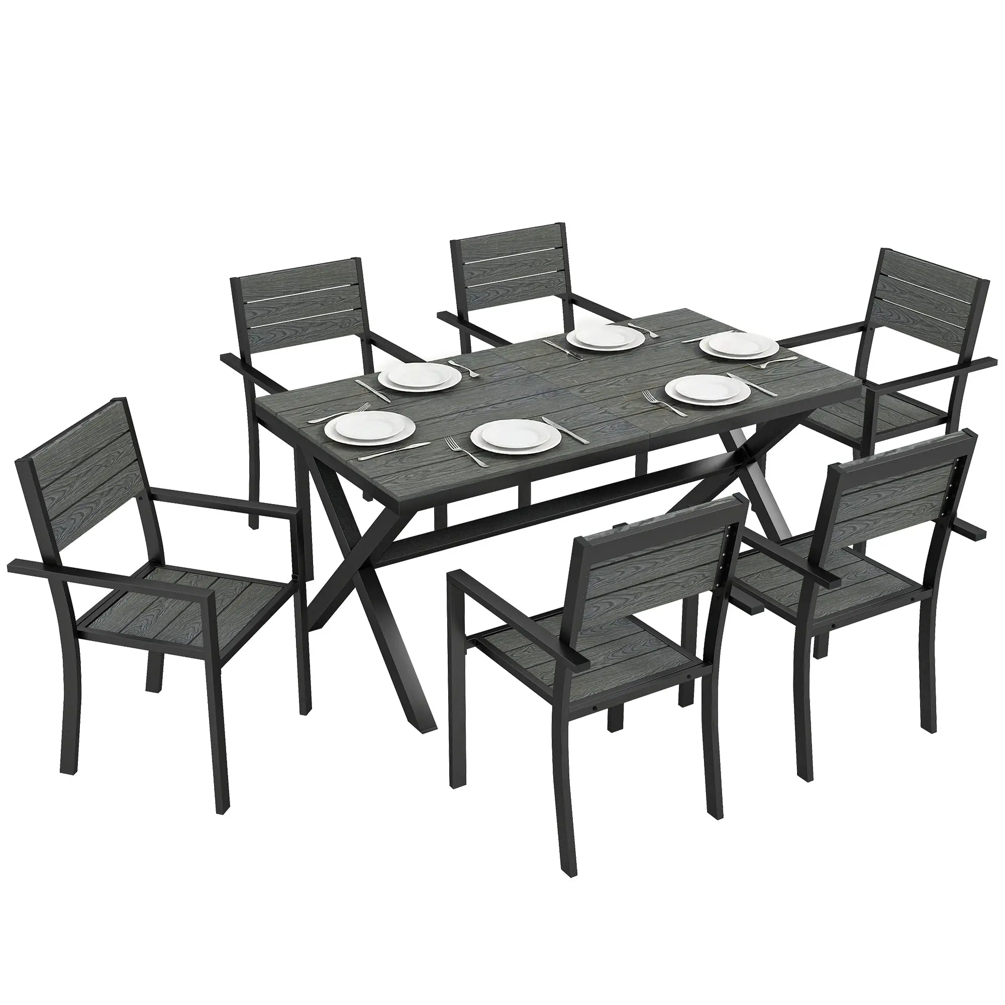 7-Piece Outdoor Dining Set for 6 — Powder-Coated Aluminum Table with Faux-Wood Slats & Stackable Chairs, Gray