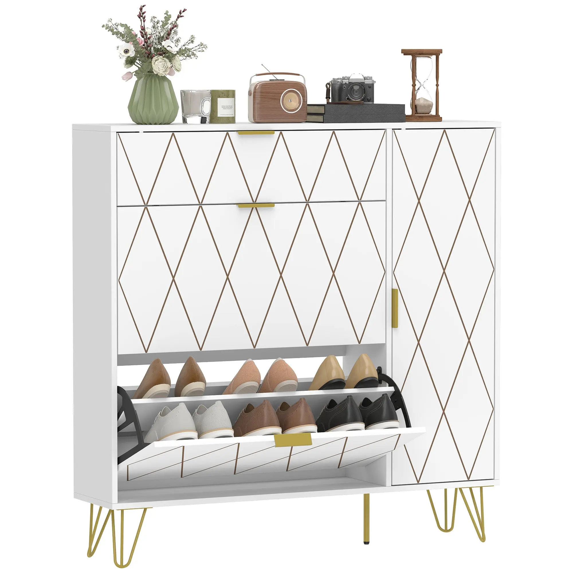 Narrow Shoe Cabinet with 2 Flip Drawers, Modern Shoe Storage with Side Cupboard and Adjustable Shelves, Fits 10–14 Pairs, for Hallway/Entryway, 110 x 25 x 110.6 cm (43.3 x 9.8 x 43.5 in), White