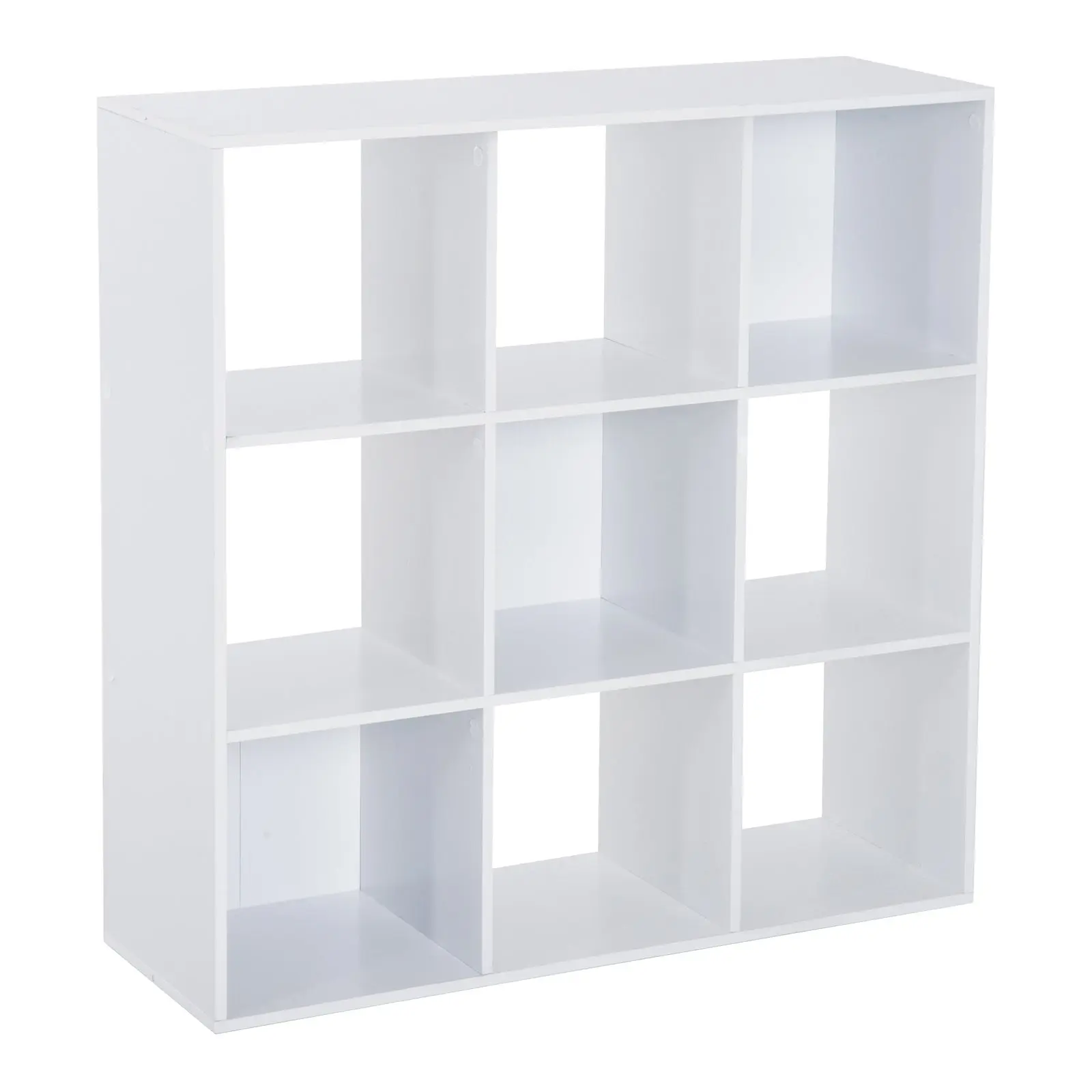 White Bookcase for Home and Office, Modern Design Shelf with 9 Compartments in Wood, 91x29.5x91cm