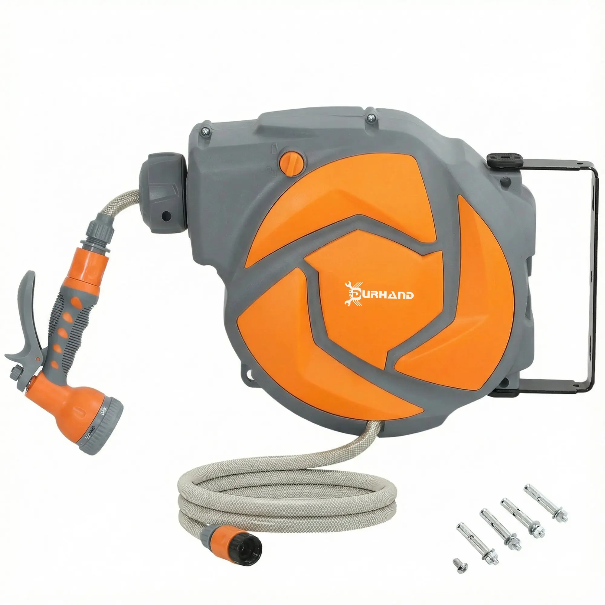 10+1 m Retractable Garden Hose Reel with 7-Function Nozzle, 180° Wall-Mount Swivel, Auto-Retract — Dark Gray & Orange
