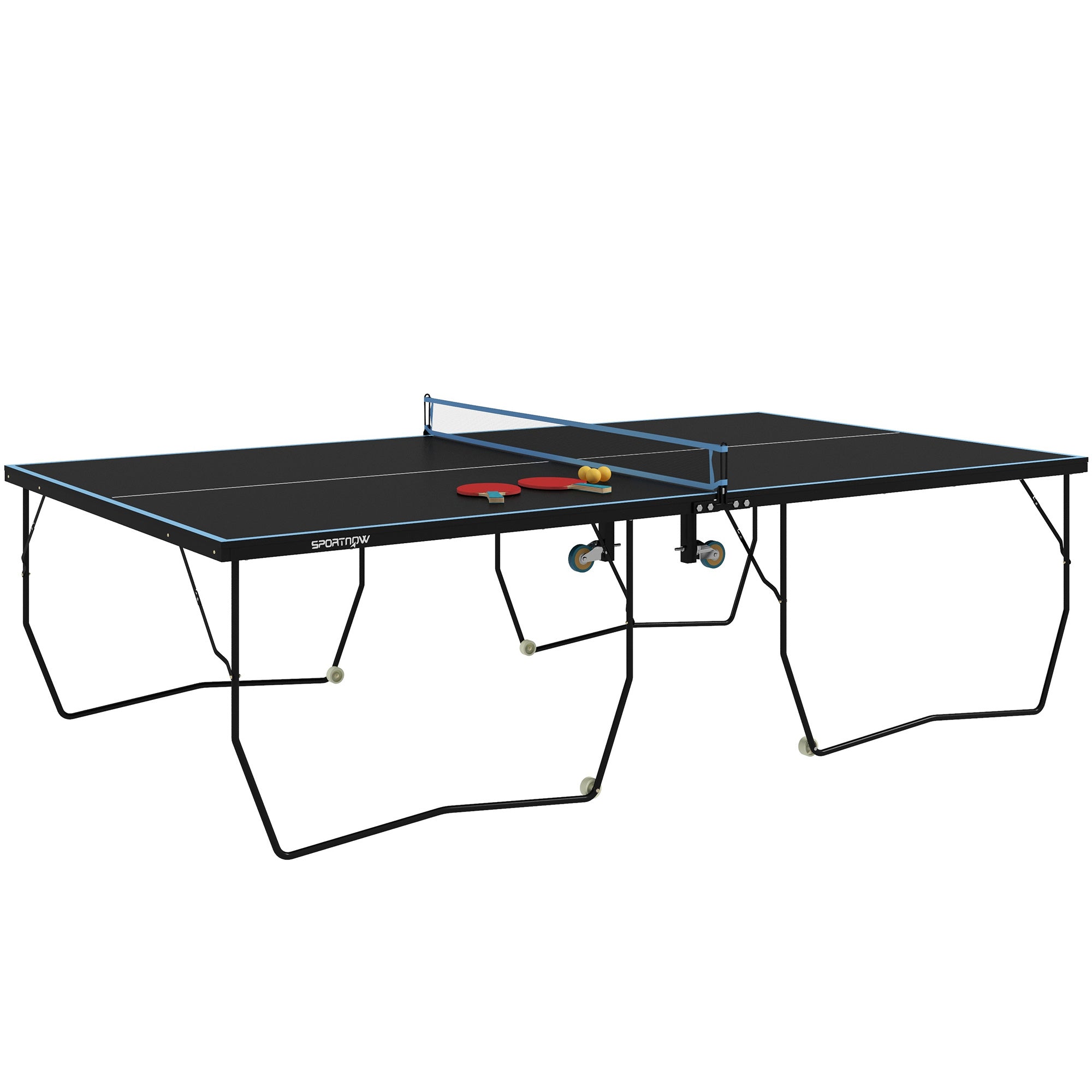 SPORTNOW Tischtennisplatte, Klappbare Tischtennisplatte mit Netz, Rädern, 2 Tischtennischlägern und 3 Bällen, Stahl, Schwarz, 274 x 152,5 x 76 cm