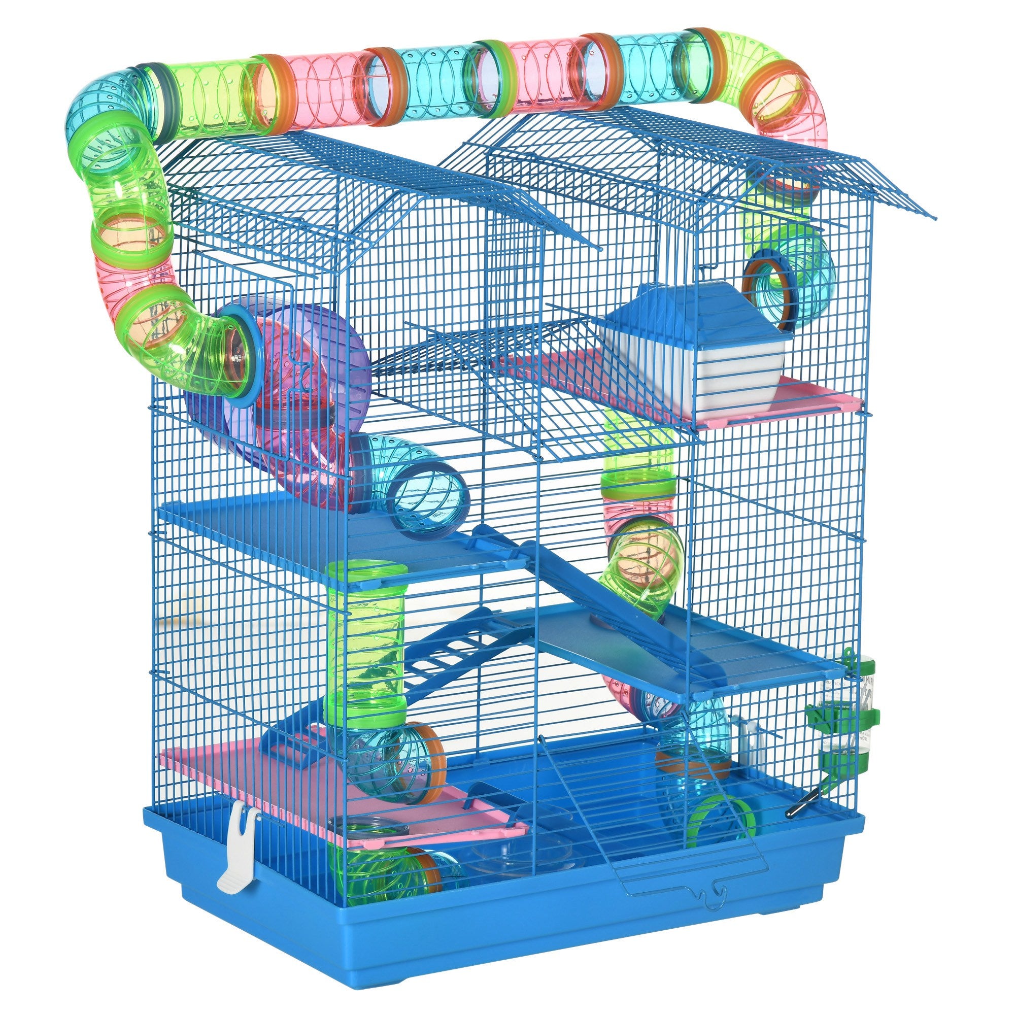 PawHut Hamster Käfeg Habitat fir kleng Déieren mat mehreren Niveauen, 4 Plattformen, Zäregschmier, Waassergläsh, Übungsrad, Stufen, Röhresystem 47x30x59 cm Blo