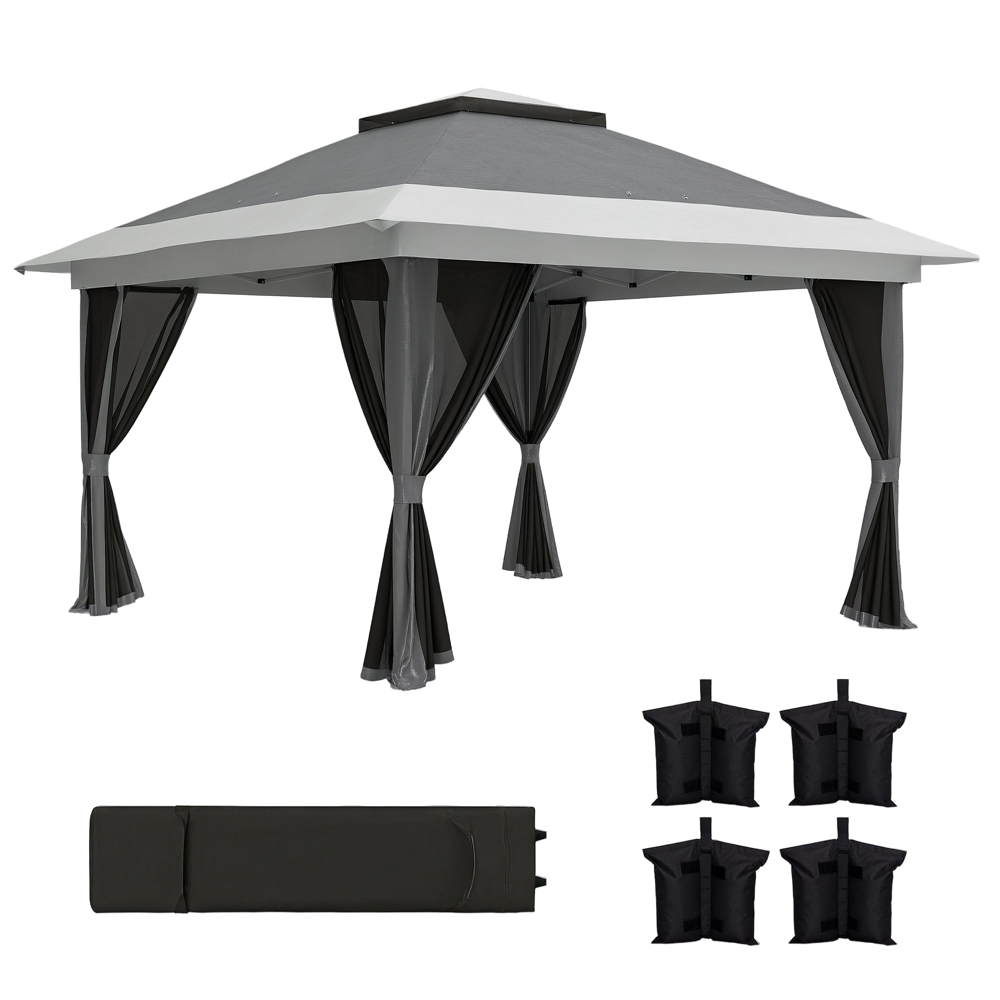 Outsunny Klapp-Gazebo 3,6x3,6 m Pop-Up Überdachung mit 4 UV-Schutz-Maschenwänden, höhenverstellbaren Sandbeuteln und Tragetasche für Camping und Partys Dunkelgrau