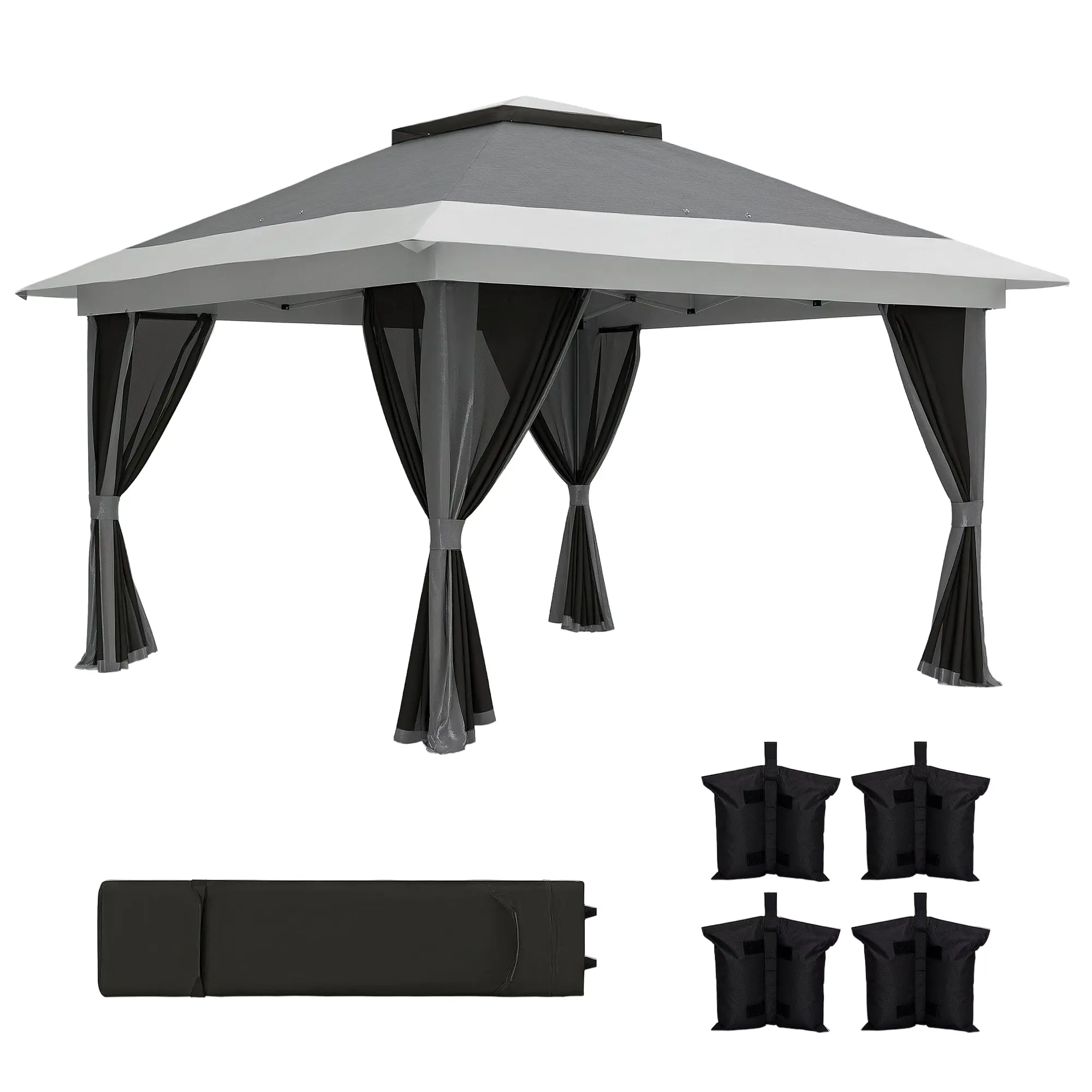 Folding Gazebo 3.6x3.6 m Pop-Up Canopy with 4 Anti-UV Mesh Side Walls Adjustable Height Sandbag and Carrying Bag for Camping Parties Dark Grey