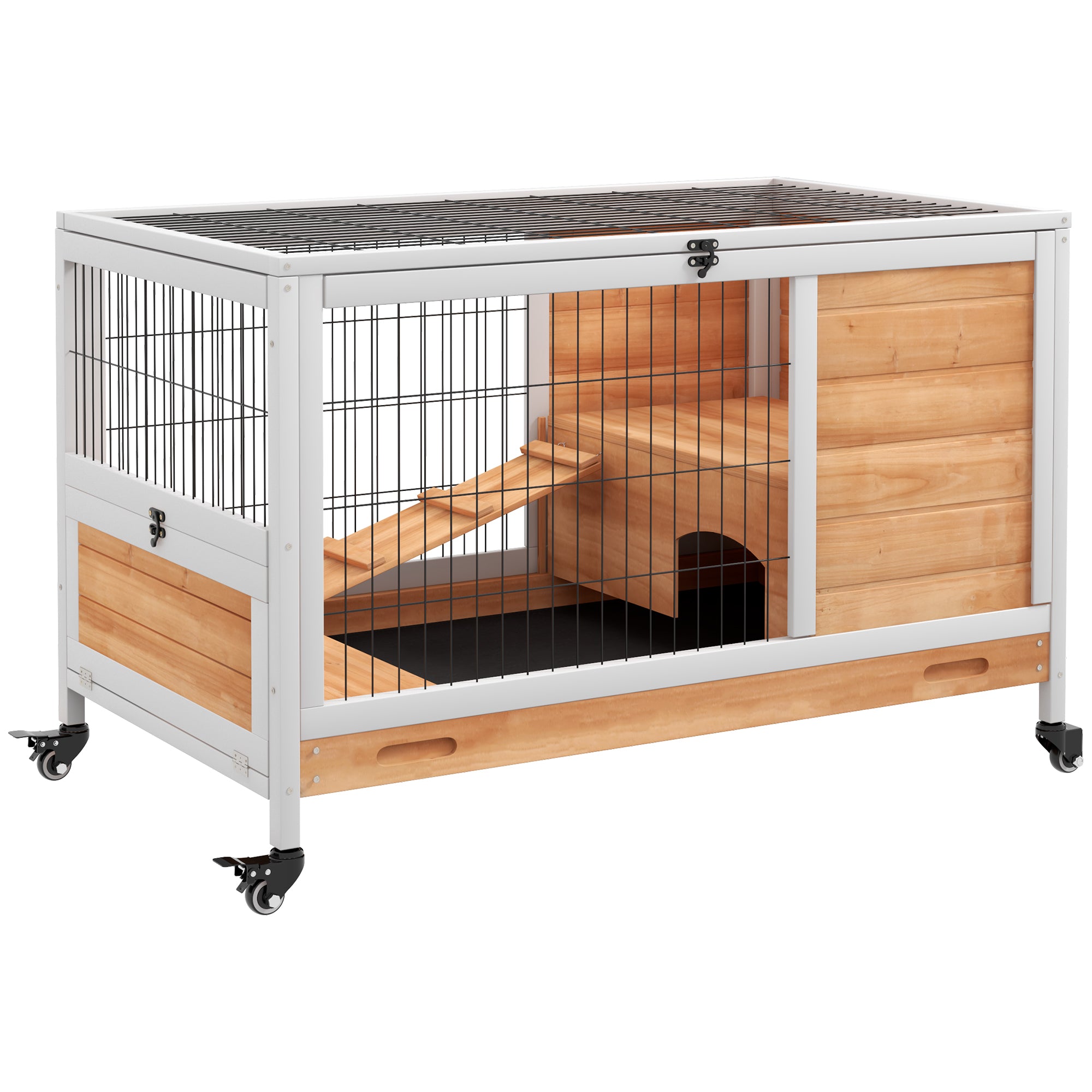 PawHut Houten Konijnenkooi Kleine Huisdier Hutch Binnen Verplaatsbaar Met Openbare Dakhelling Verwijderbare Tray Voor Cavia's 90x53x59 cm Natuurlijk en Wit