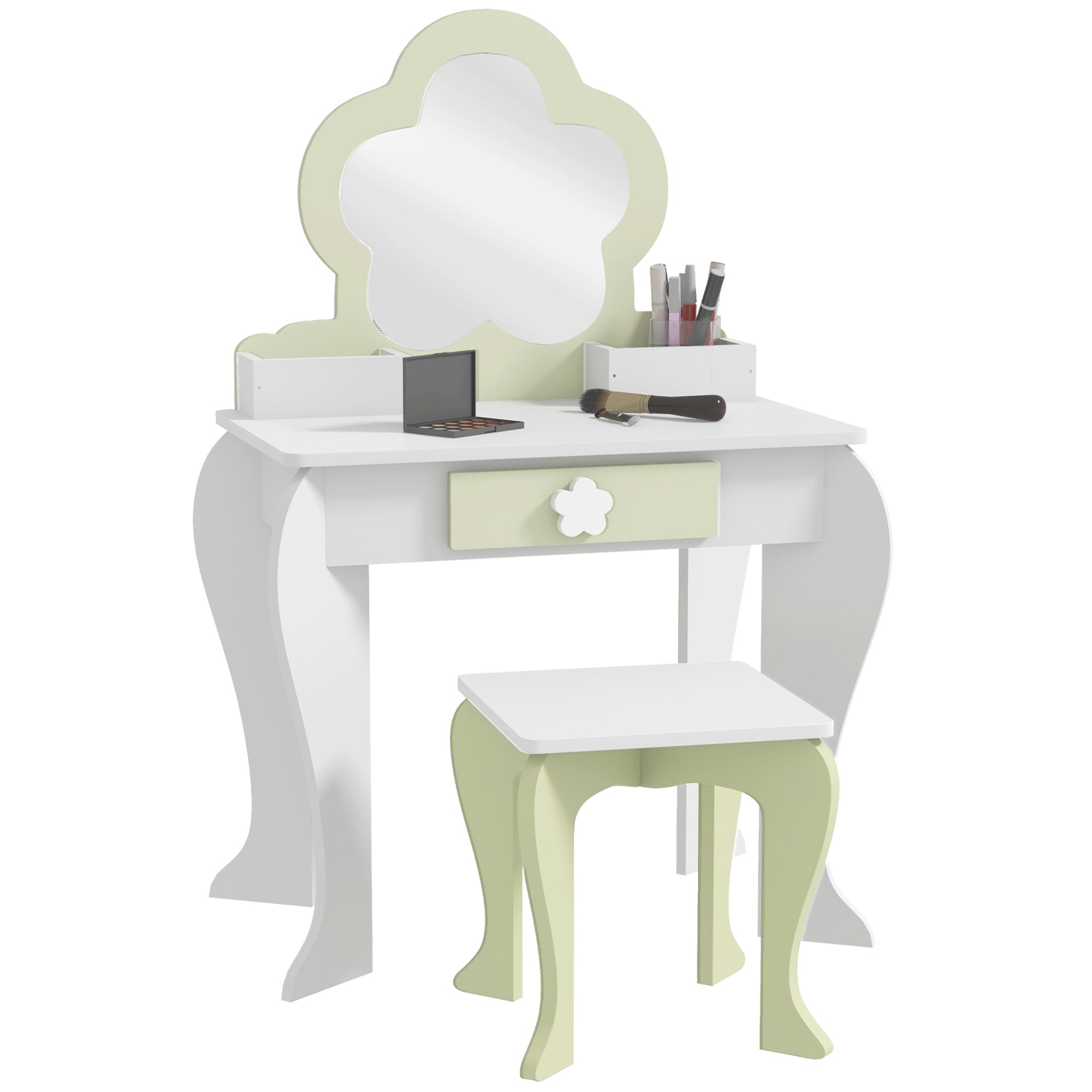 ZONEKIZ Mädchen Schminktisch mit Spiegel und Hocker – Kinderschminktisch für 3-6 Jahre mit 2 Boxen und 1 Schublade 55x34x87,5 cm in Weiß und Pastellgrün