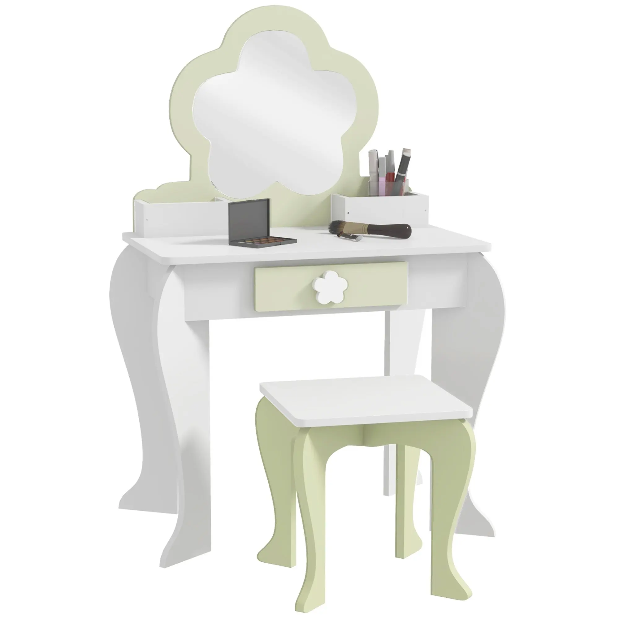 ZONEKIZ Girls' Dressing Table with Mirror and Stool Makeup Dressing Table for Kids 3-6 Years Old with 2 Boxes and 1 Drawer 55x34x87.5 cm White and Pastel Green