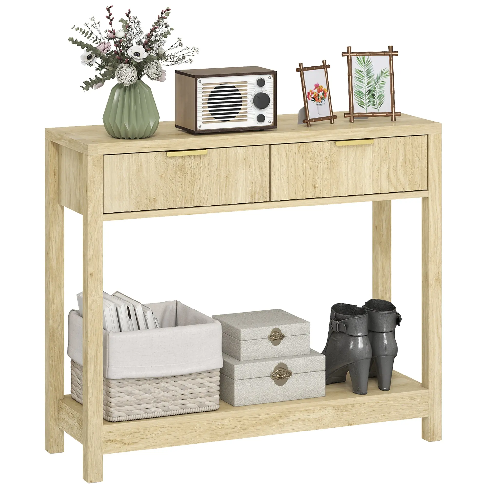 35.4" Console Table, Narrow Console with 2 Grooved Panel Drawers and Shelf, Modern Style, Entryway Table for Hallway & Living Room, Small Spaces, Natural Wood