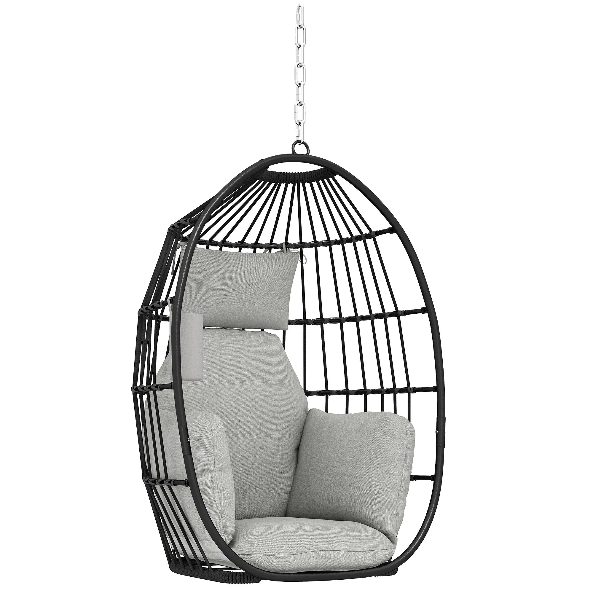 Hanging Chair, Hanging Egg Swing, Hammock Chair - Foldable Basket, Padded Cushions, Cup Holder, Pillow, Indoor/Outdoor, 265 lb Capacity, Dark Gray