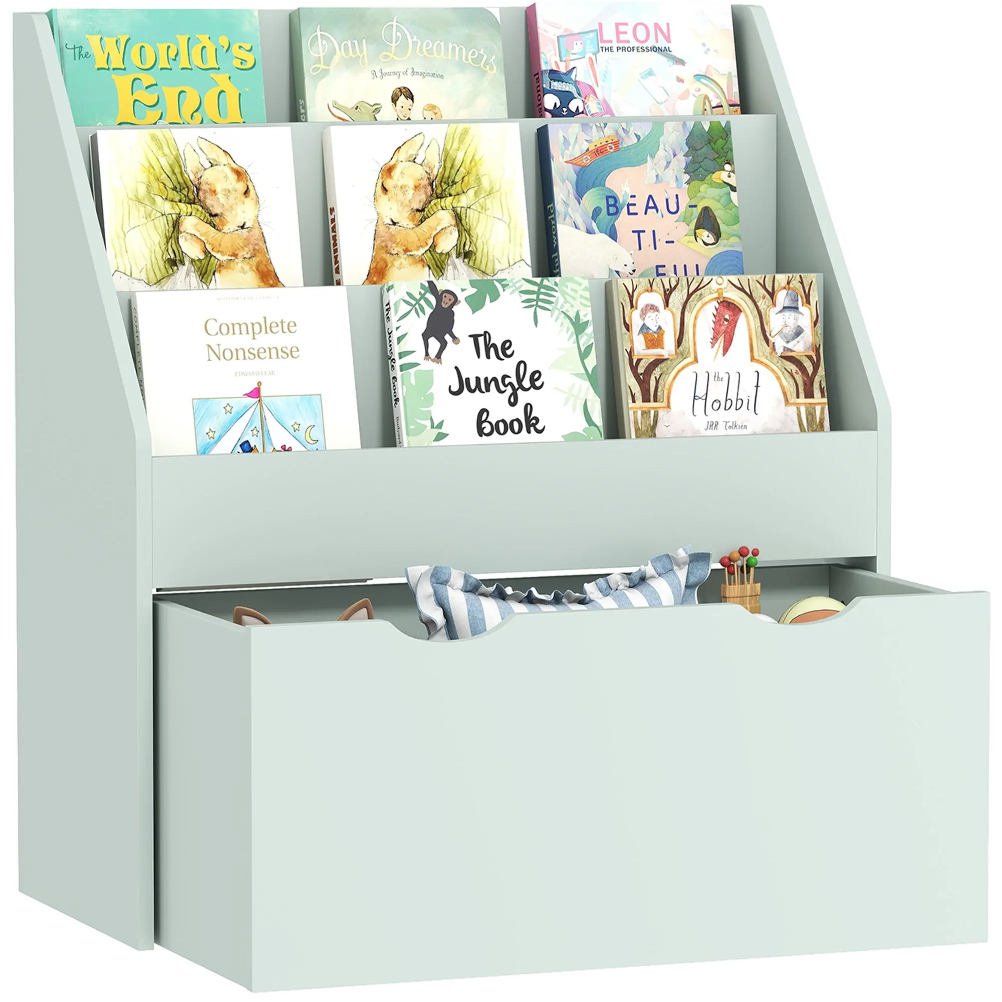 Kids Bookshelf for Books & Toys — 3-Tier Shelves with Rolling Drawer, Green (62.5 x 30 x 70 cm)