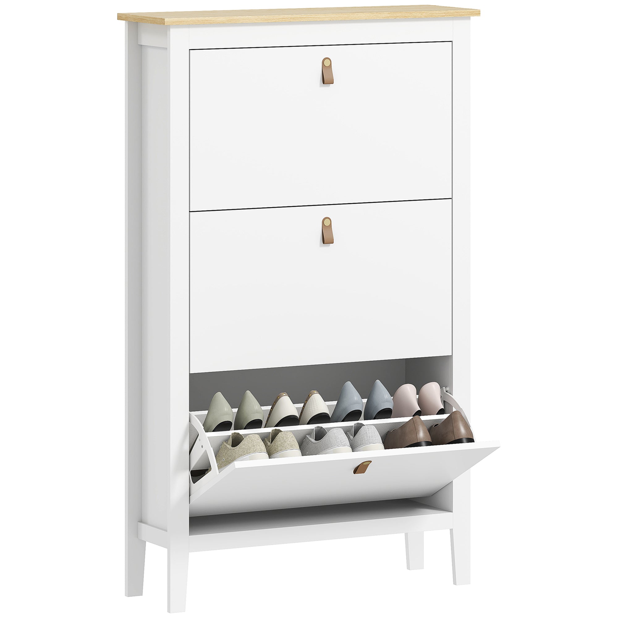 HOMCOM Smalle Schoenenkast met 3 Vouwbare Lades, Verstelbare Planken en PU Handvatten voor 21 Paar Schoenen - 80x24x131 cm
