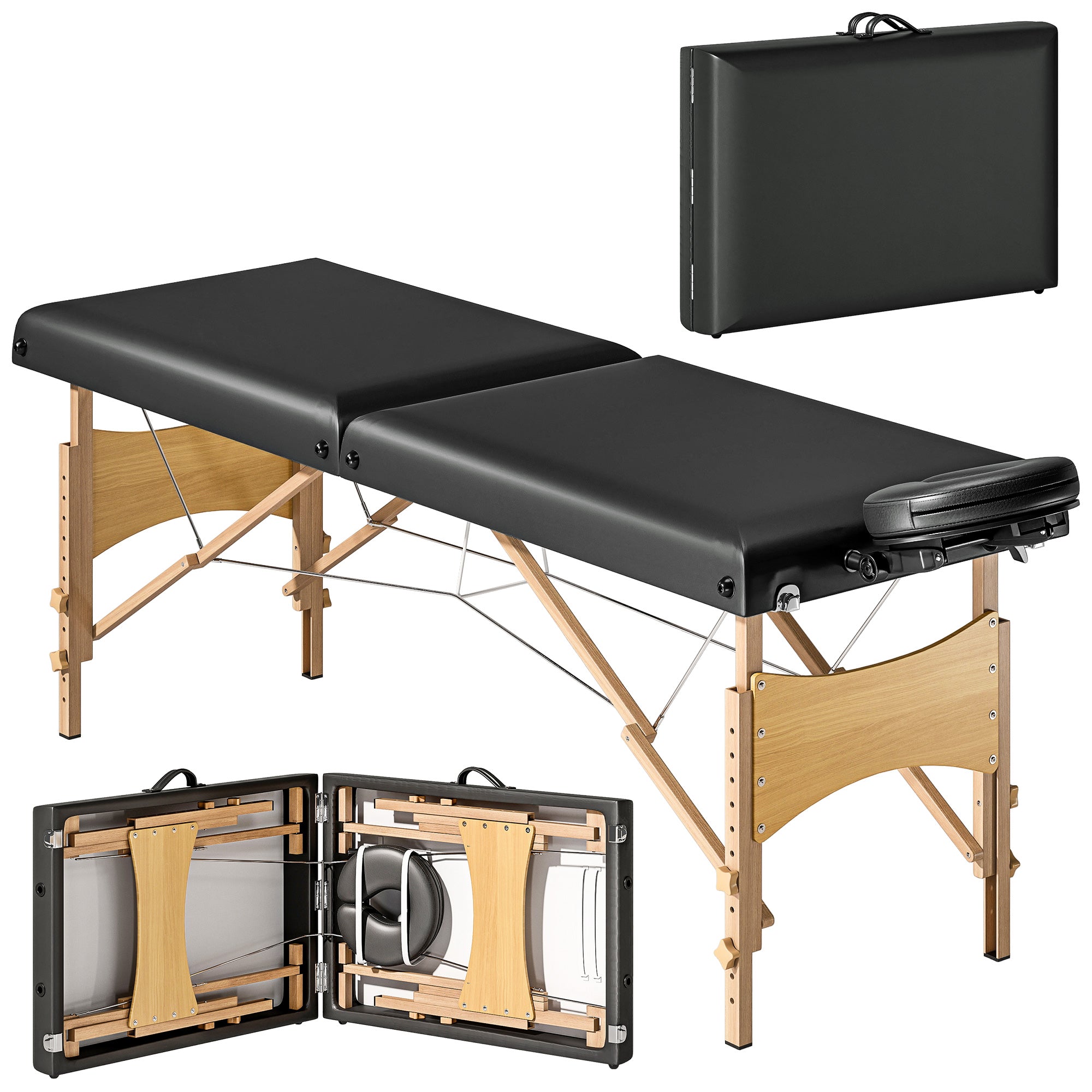 HOMCOM Mobile Massagebett 2 Zonen Klappbar Héchstjustéierbar Massagebett 70 cm Breet mat Kappstütz, Holzzéi Däischter Massagecouch Cosmetology Bett Schwäerz