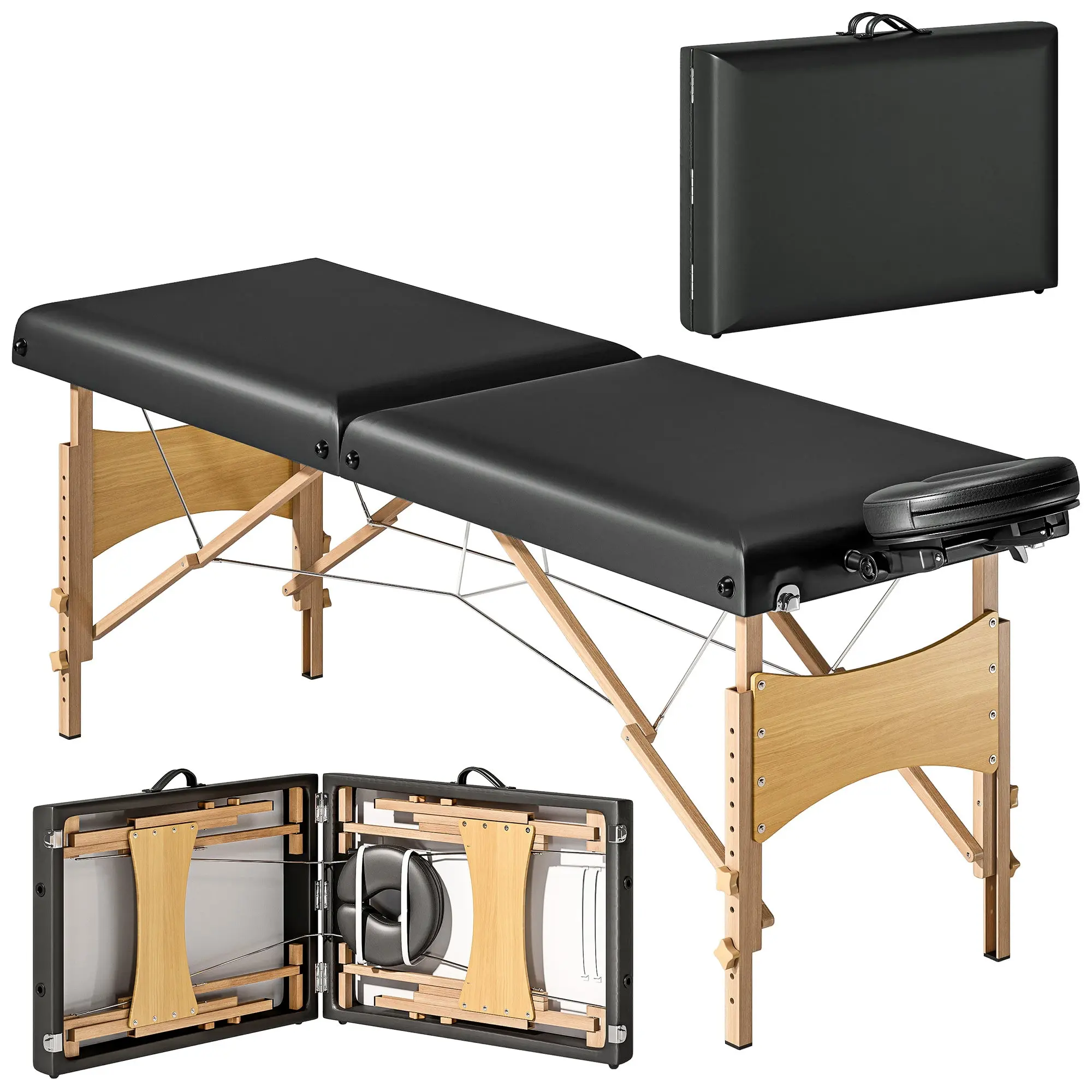 Mobile Massage Table 2 Zones Foldable Massage Bed Height Adjustable Massage Table 70 cm Wide with Headrest, Wooden Legs Massage Couch Cosmetology Bed Black