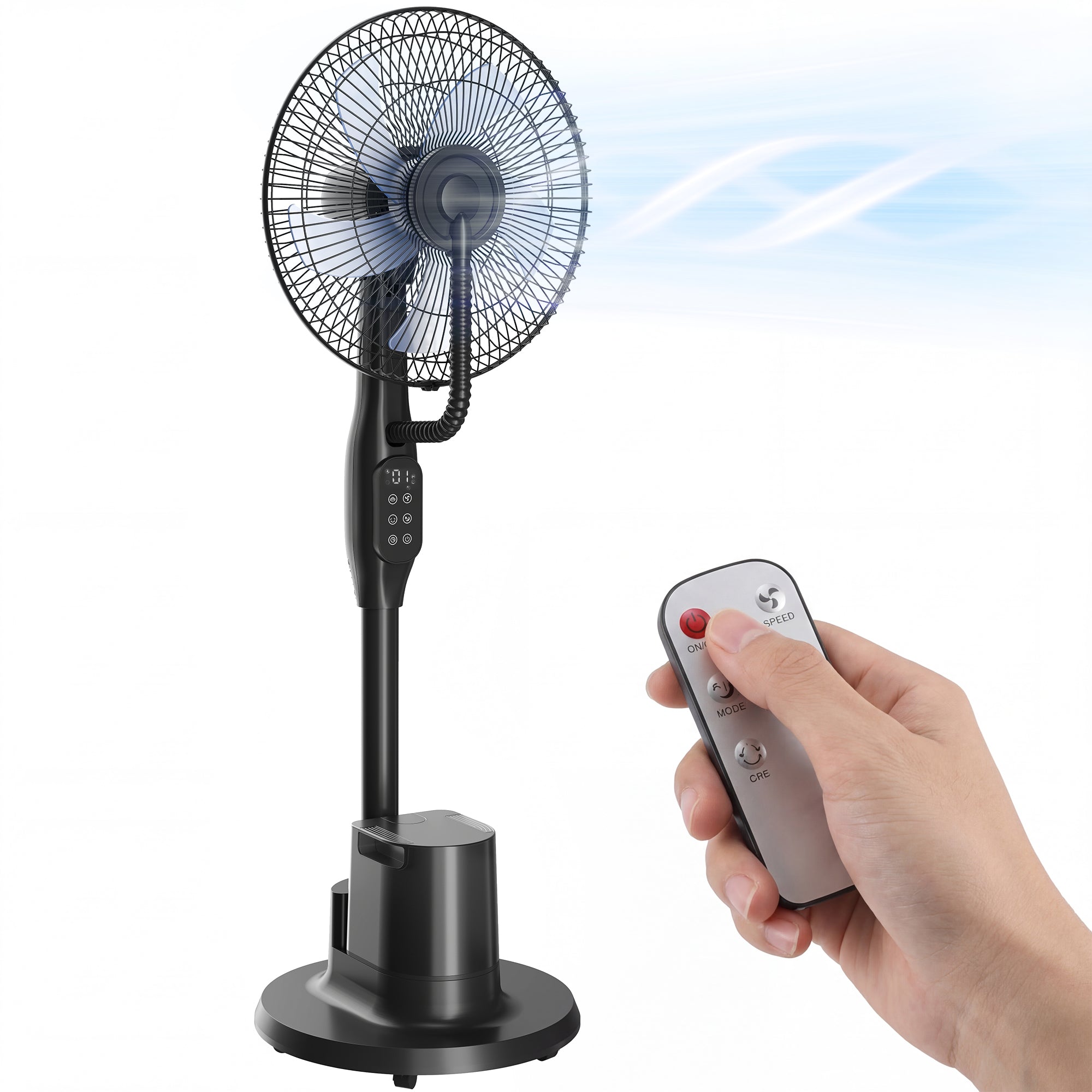 HOMCOM Leiser Nebel-Standventilator — 90 W, 128 cm Höhe, 70° Schwenkung, 3 Geschwindigkeiten & 3 Modi, 3,5 L Tank, Fernbedienung, 8‑Std.-Timer — Schwarz