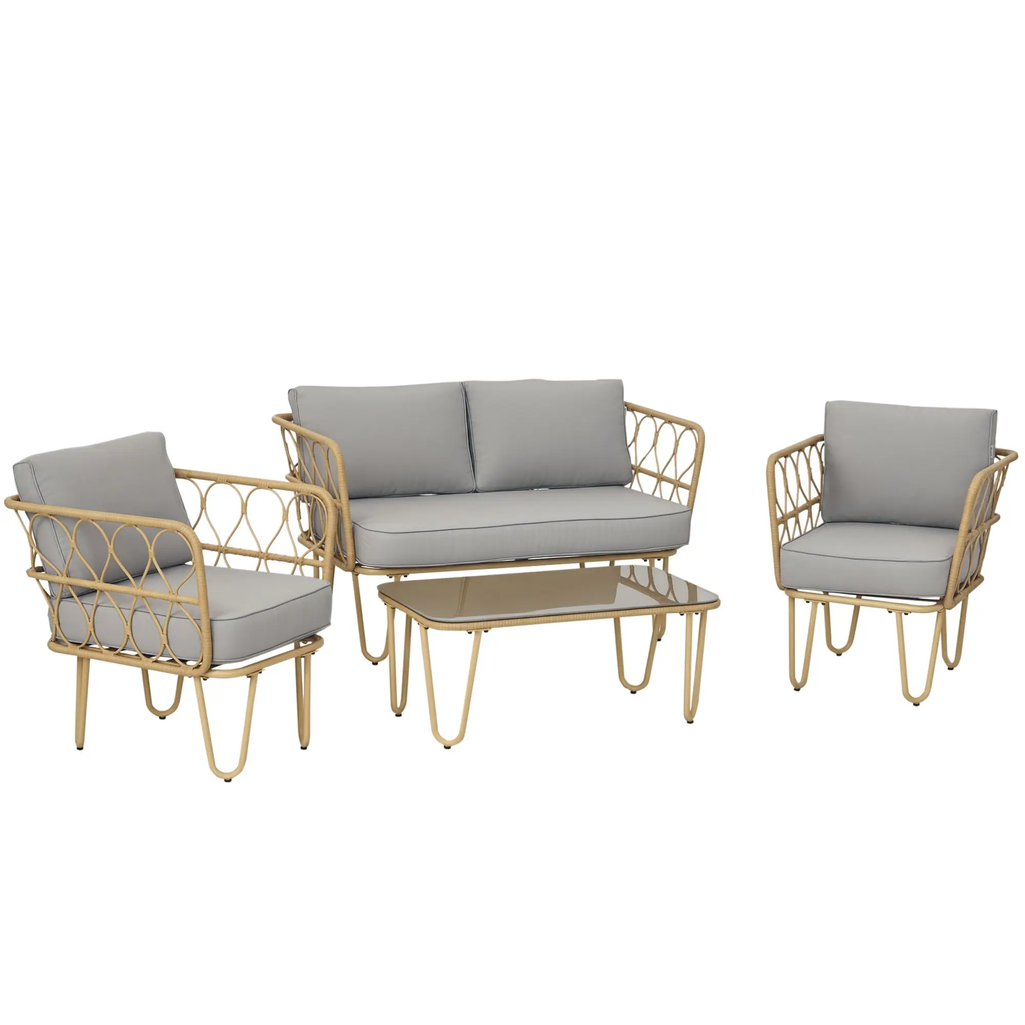 Synthetic Rattan Garden Set 4-Piece Outdoor Furniture with 2-Seater Sofa 2 Armchairs and Glass Top Coffee Table with Removable Cushions Natural and Gray